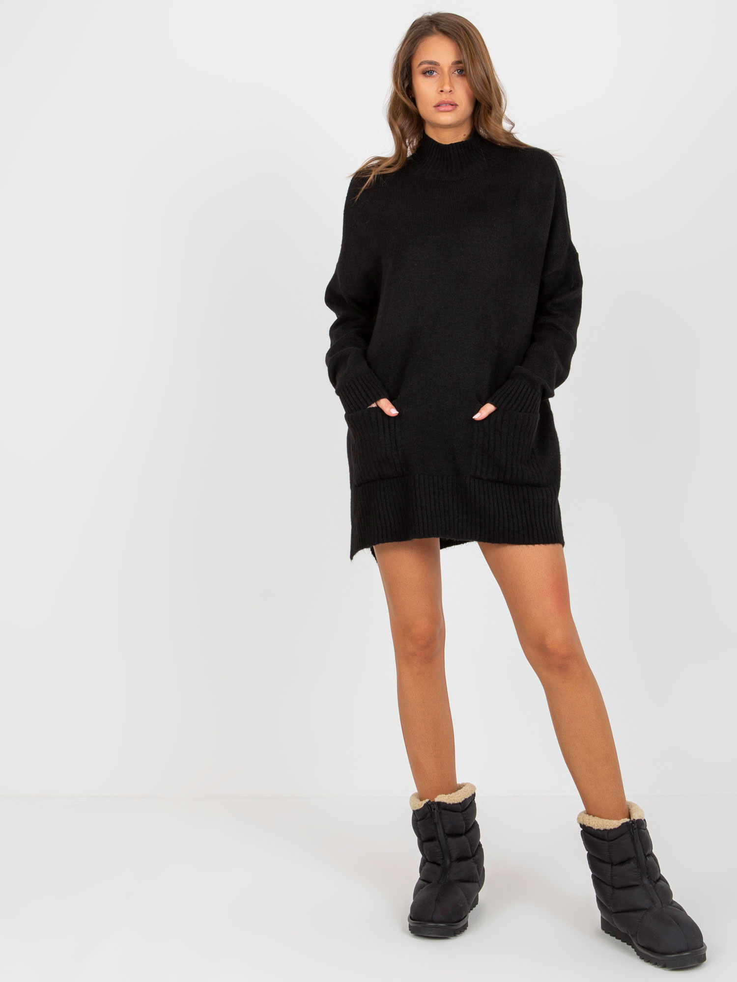 Lady's Black Oversized Sweater With Turtleneck