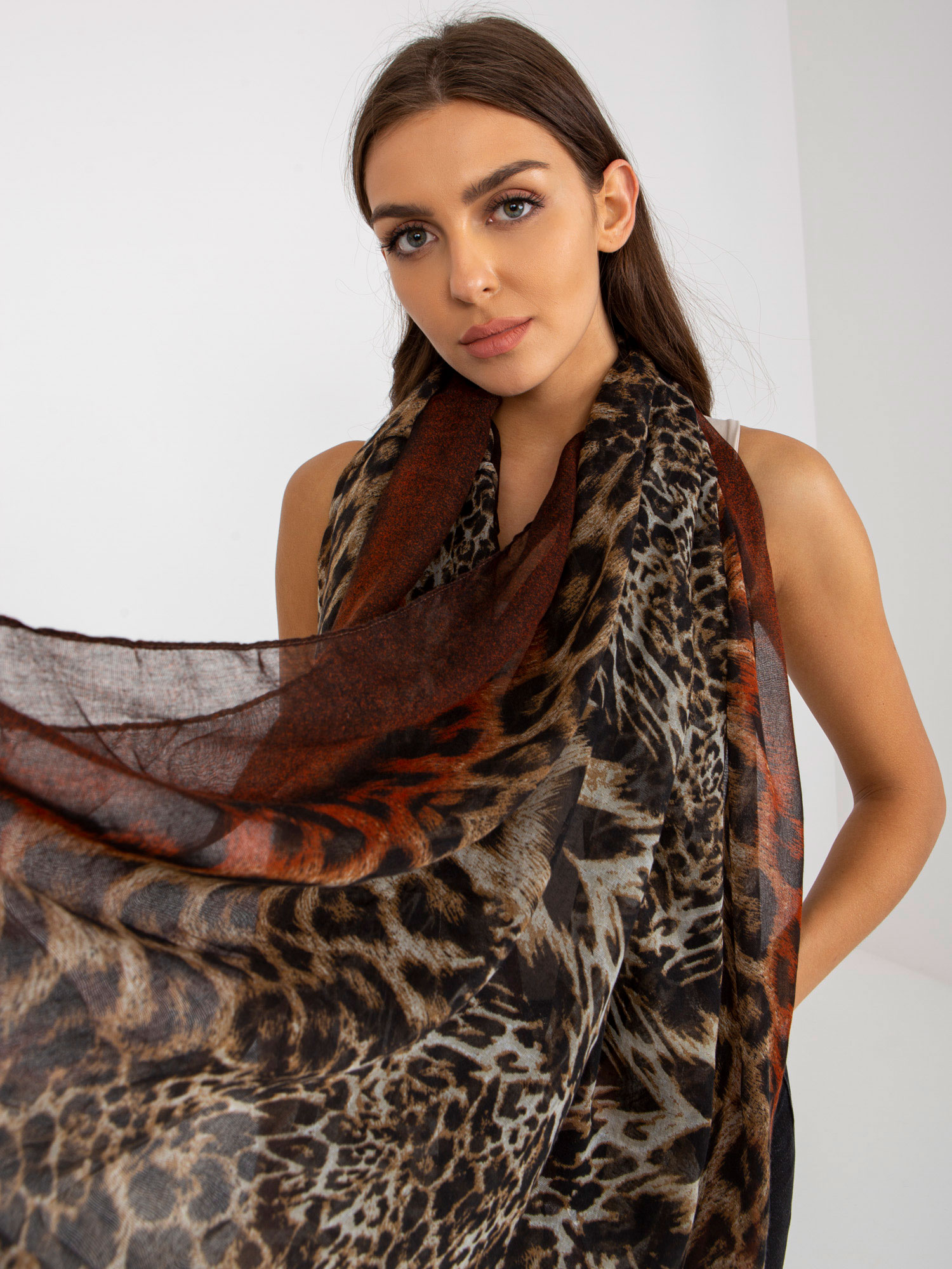 Brown And Dark Orange Scarf With Print