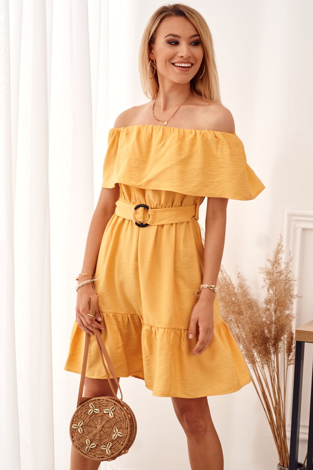 Mustard dress with Spanish neckline