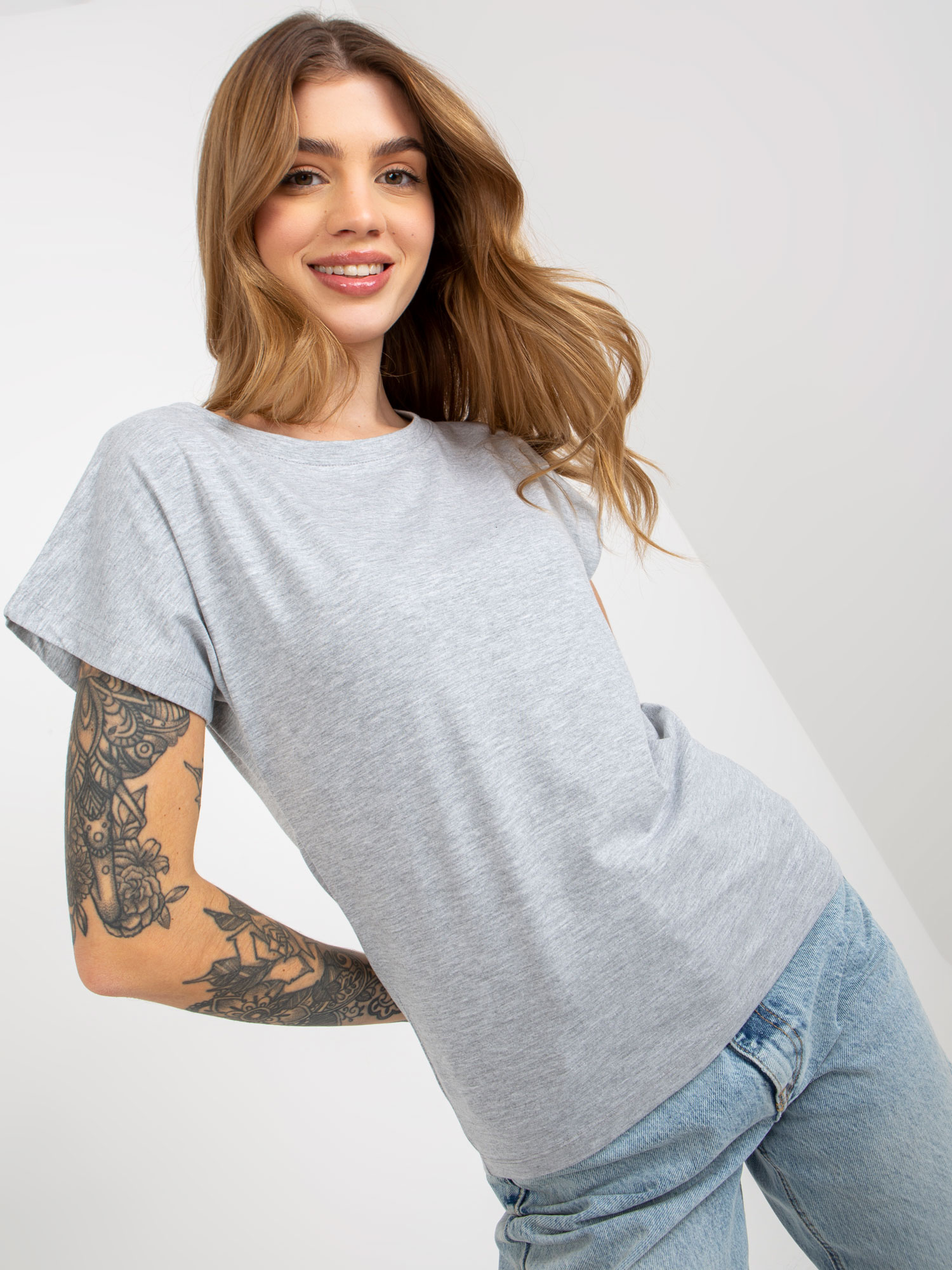 Grey Women's Basic T-shirt With A Round Neckline