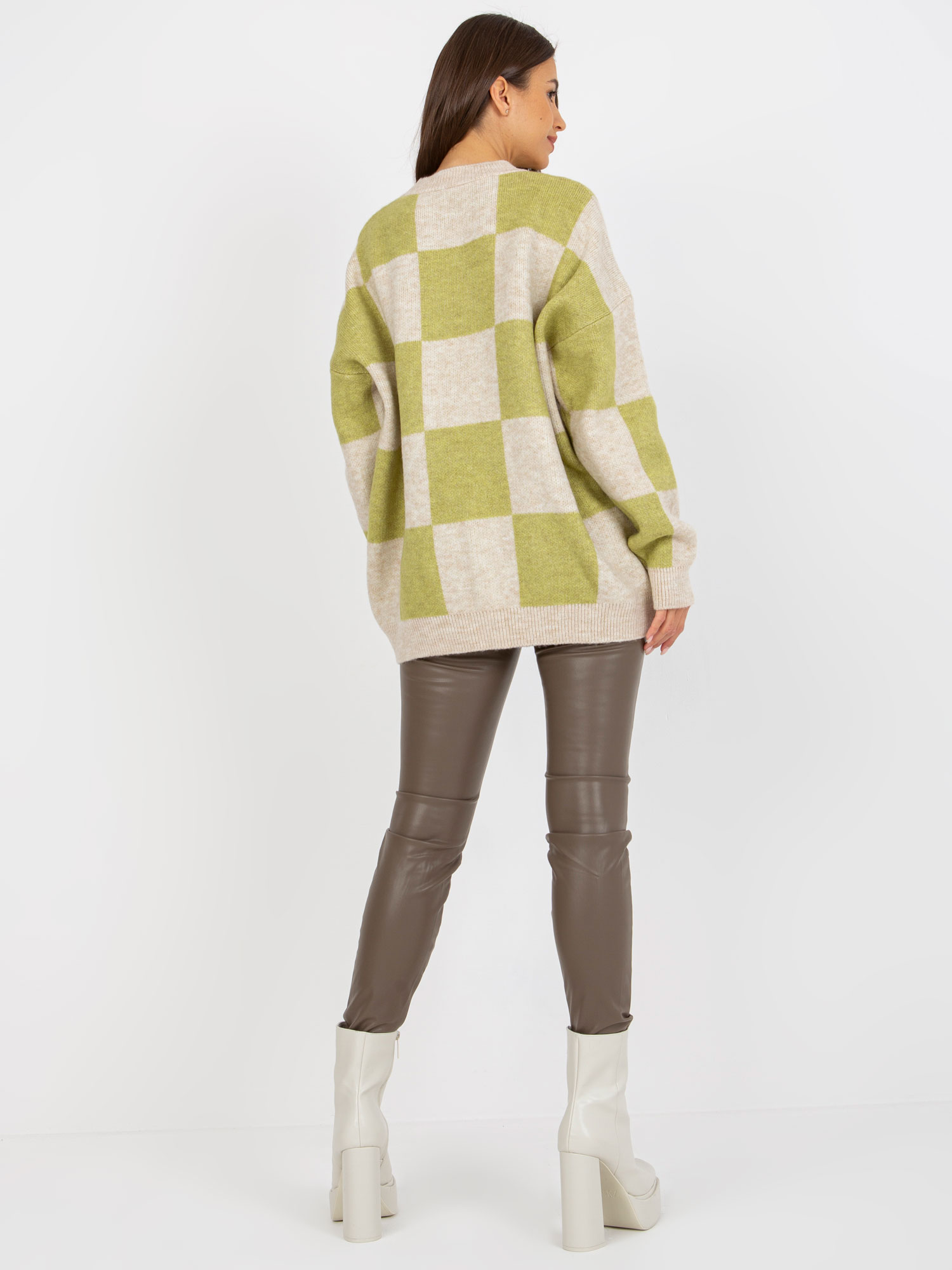 Pulover oversize verde deschis și bej cu decolteu rotund