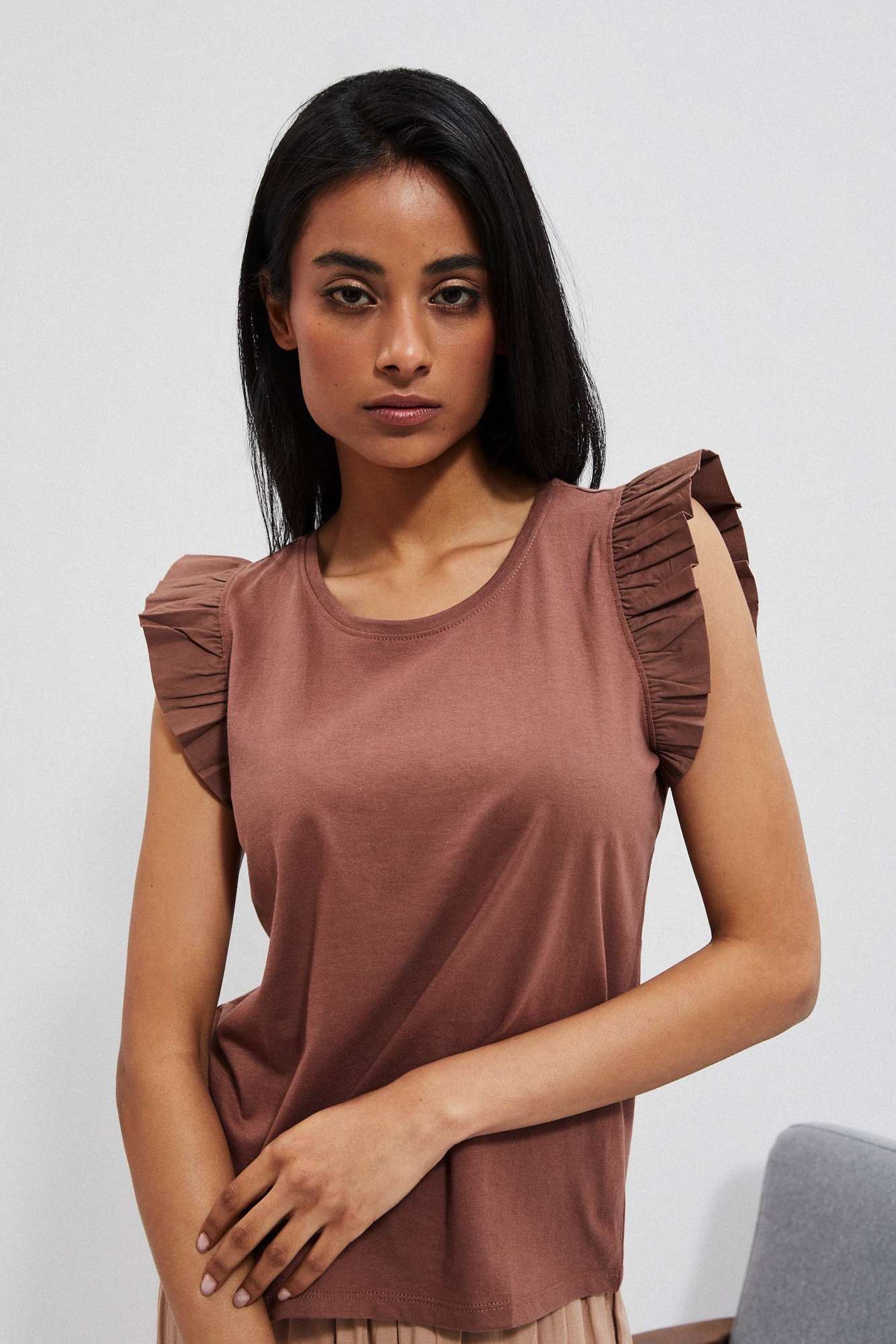 Cotton Blouse With Frills - Brown