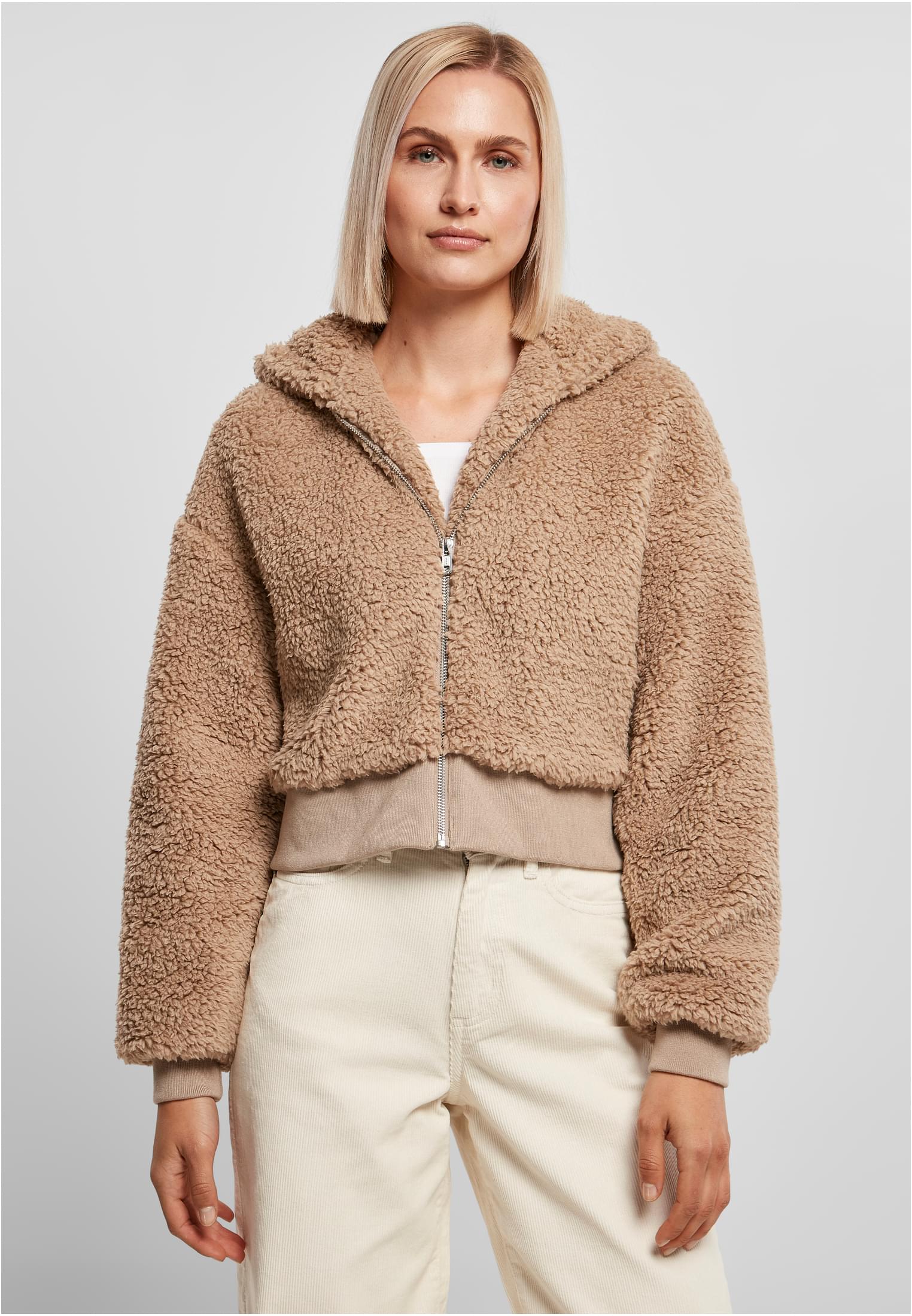 Women's short oversized jacket Sherpa softtaupe