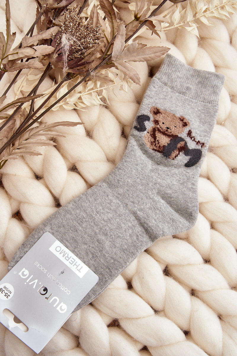 Levně Teplé bavlněné ponožky s medvídkem, šedé