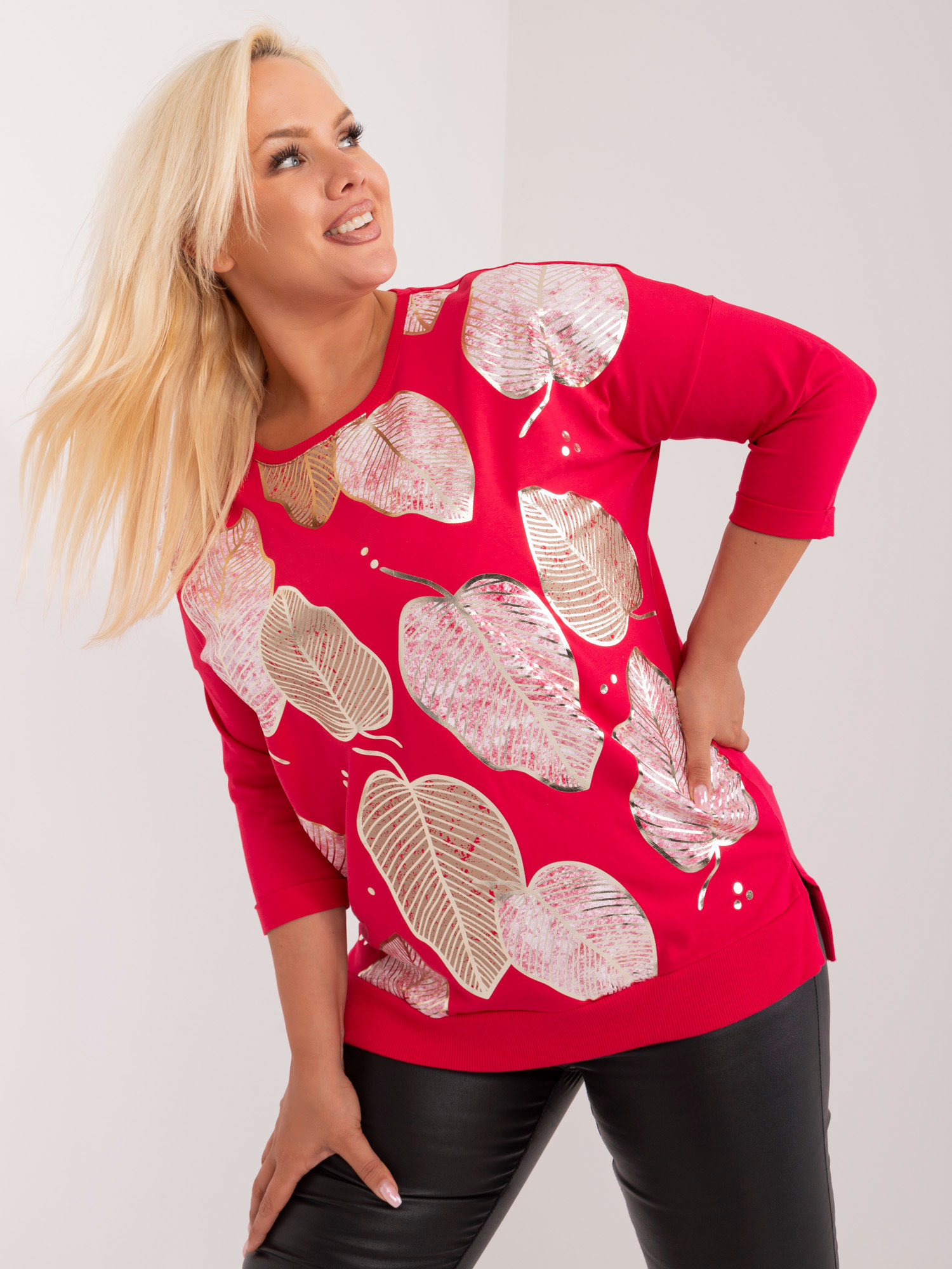 Red plus-size blouse with leaf print