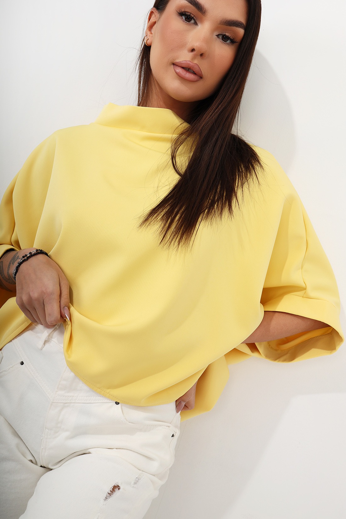 Oversized kimono blouse with stand-up collar, yellow