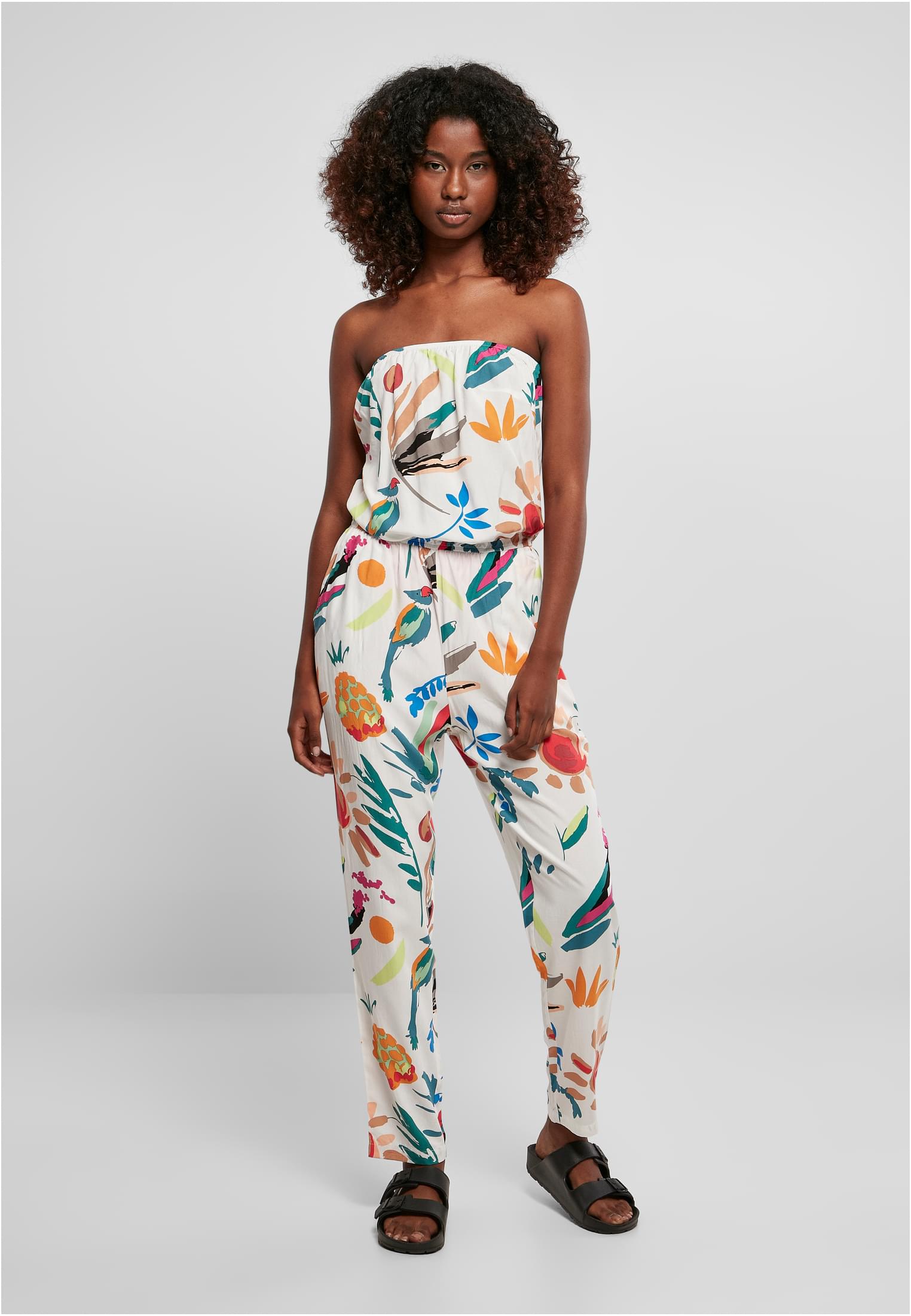 Women's Viscose Bandeau White, Sand And Fruit Jumpsuit