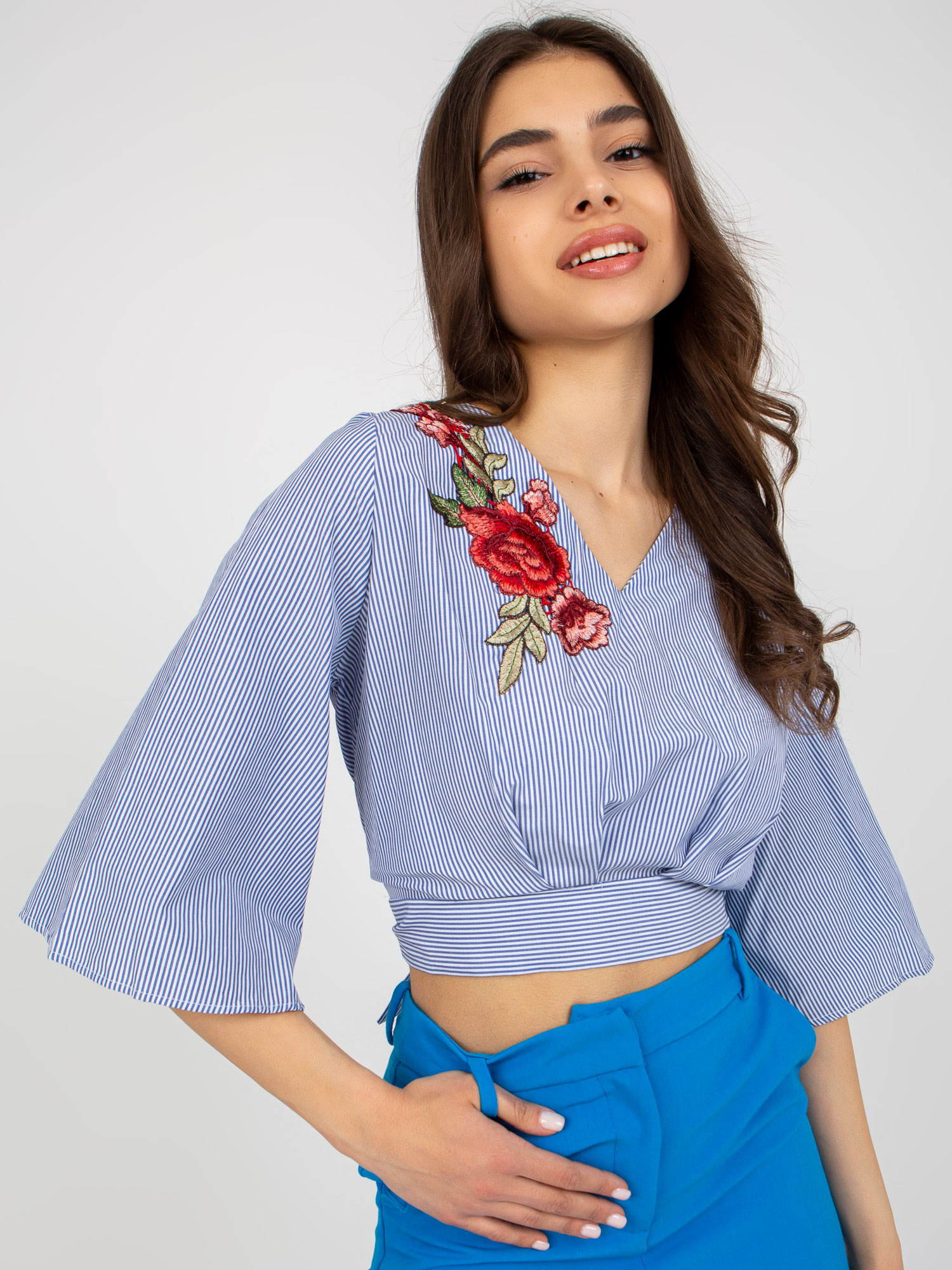 Women's formal blouse with embroidery - blue