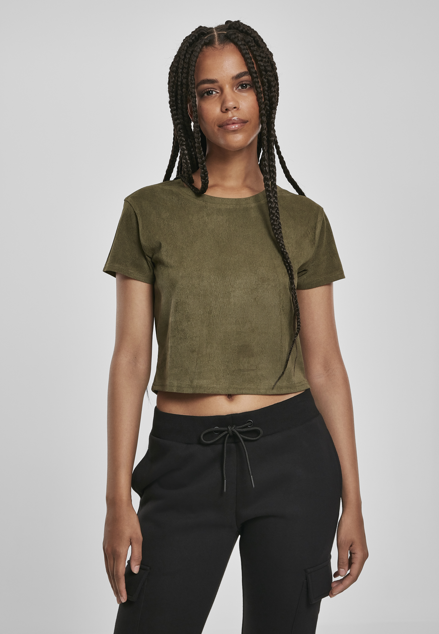 Ladies Cropped Peached Rib Tee Olive