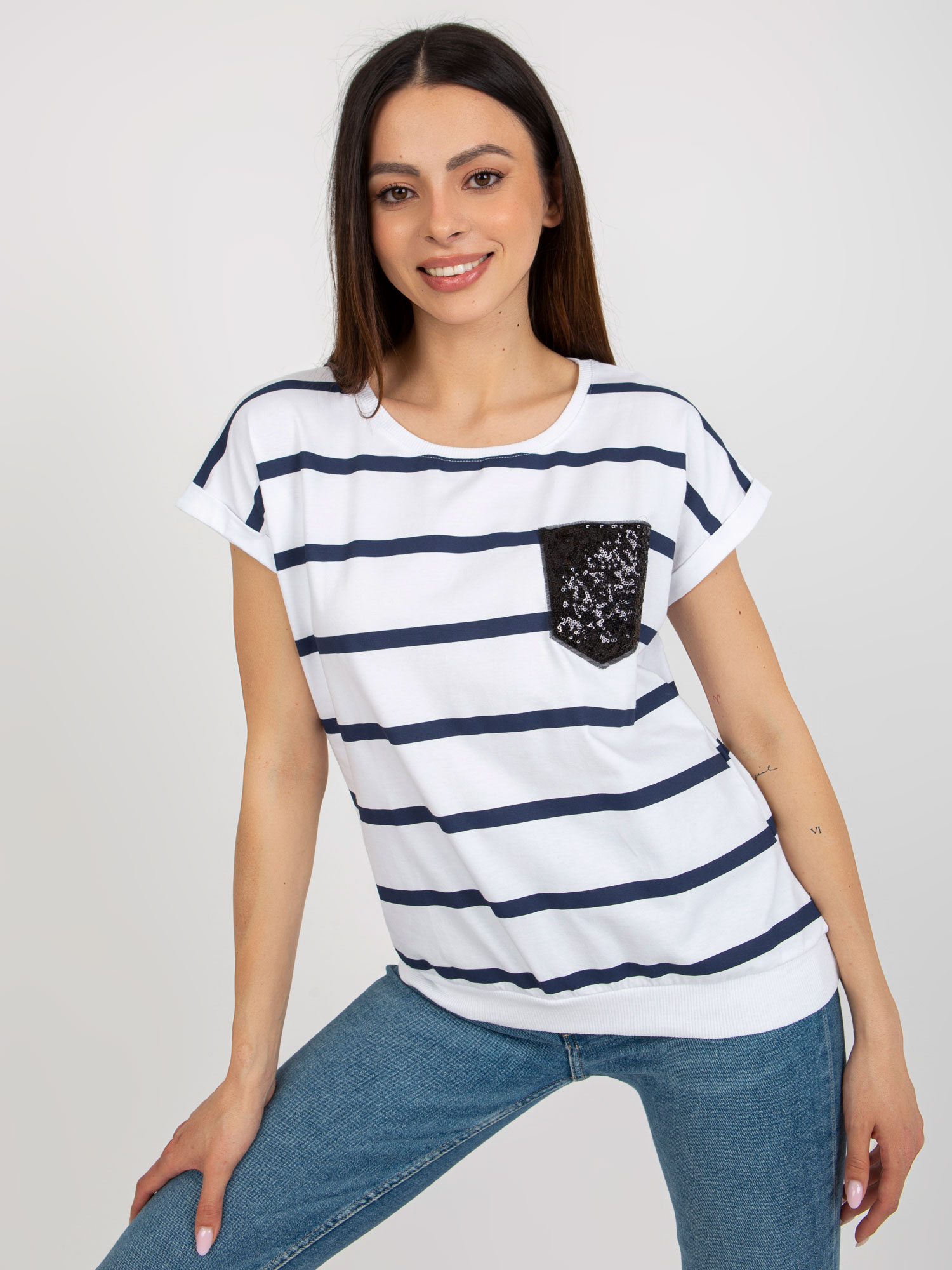 White And Dark Blue Striped Blouse With Decorative Pocket