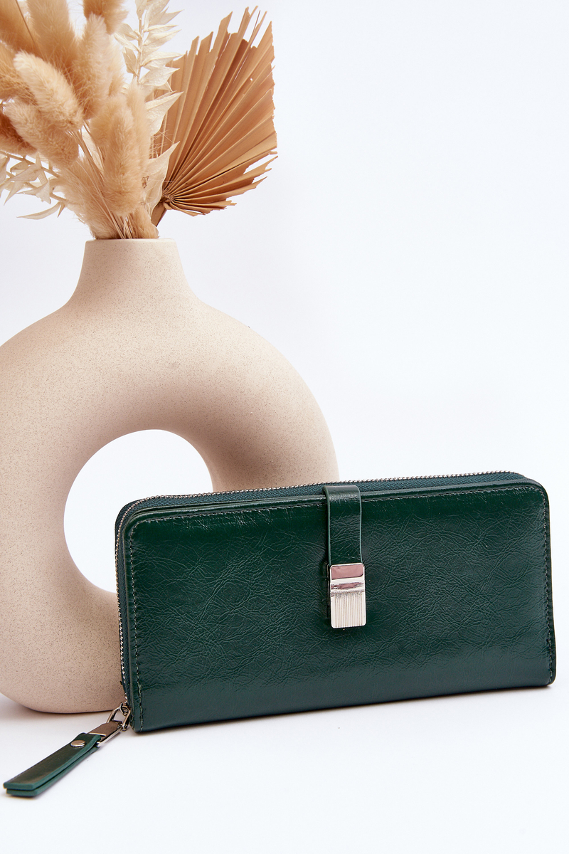 Women's patent leather wallet with magnet dark green white