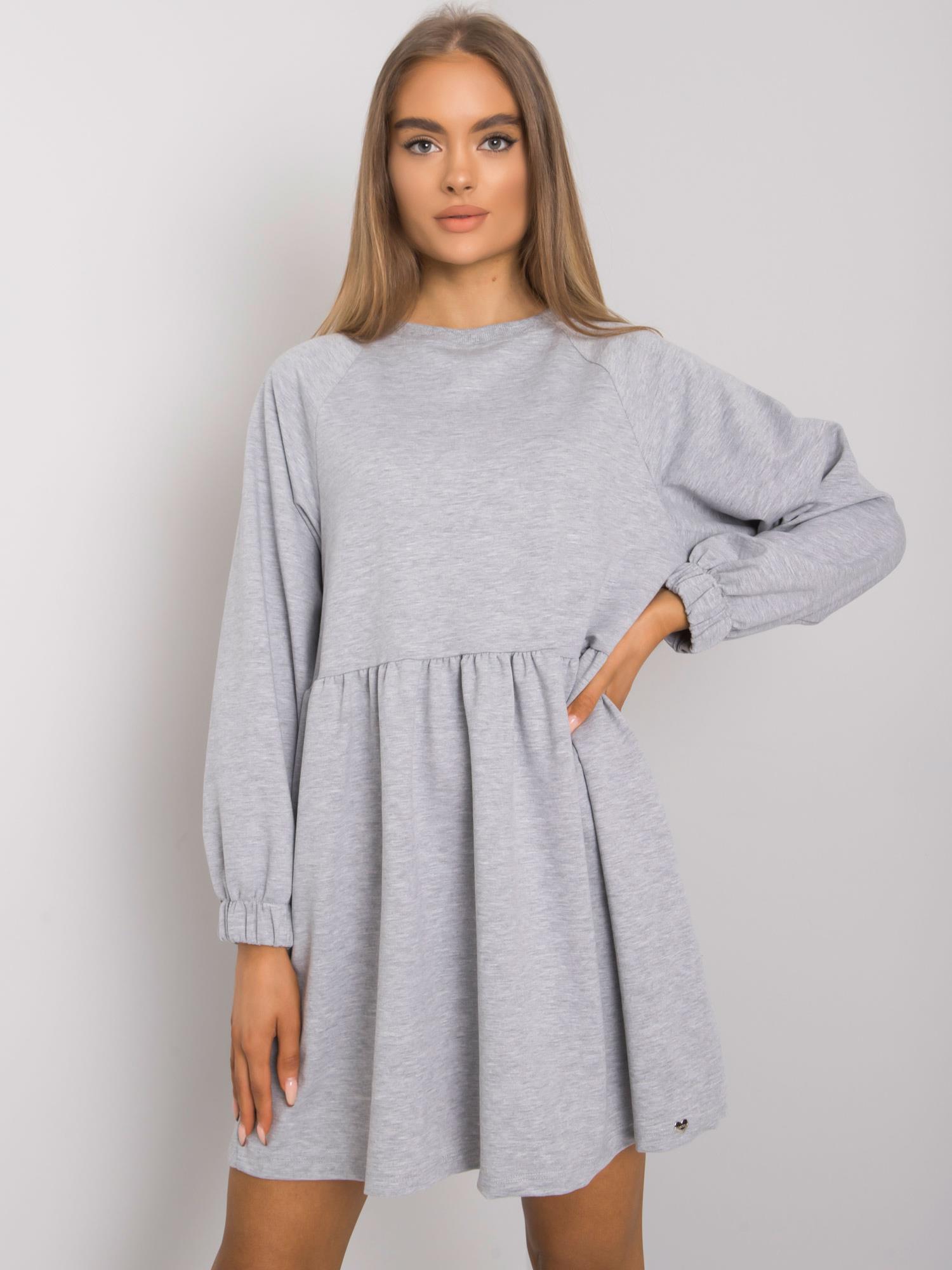 Grey Melange Basic Dress With Long Sleeves