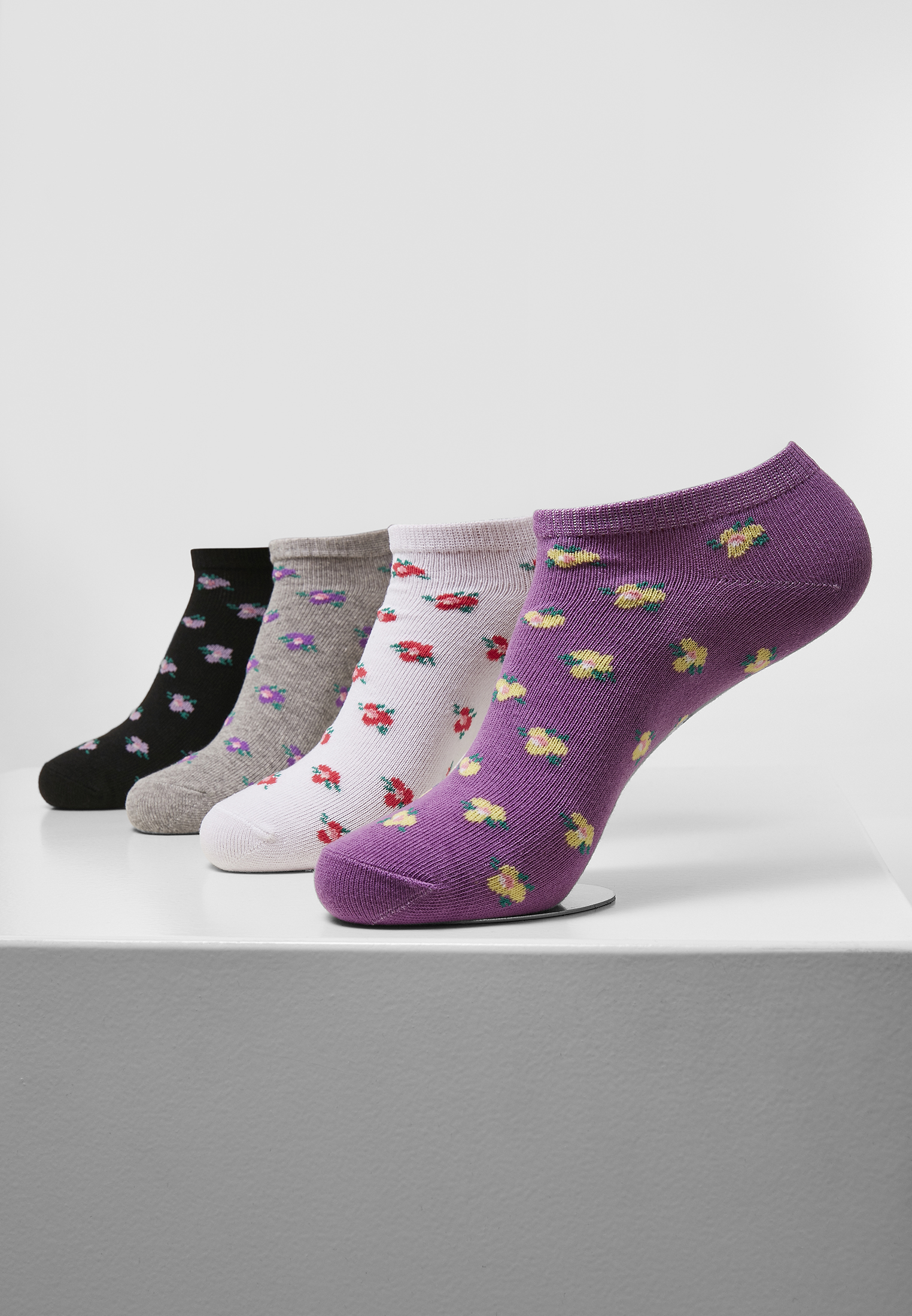 Levně Květinové neviditelné ponožky z recyklované příze 4-balení šedá+černá+bílá+lila