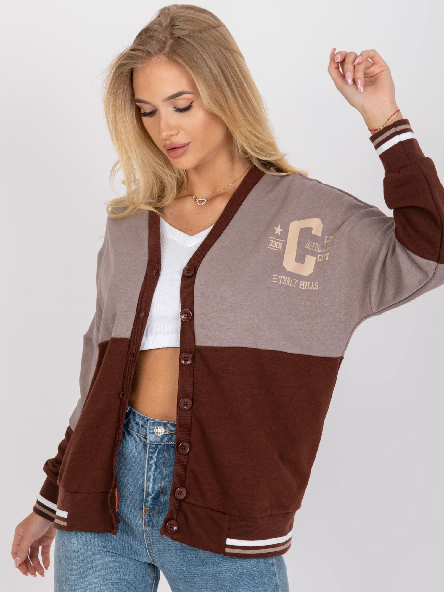 Beige And Brown Sweatshirt With Printed Zipper