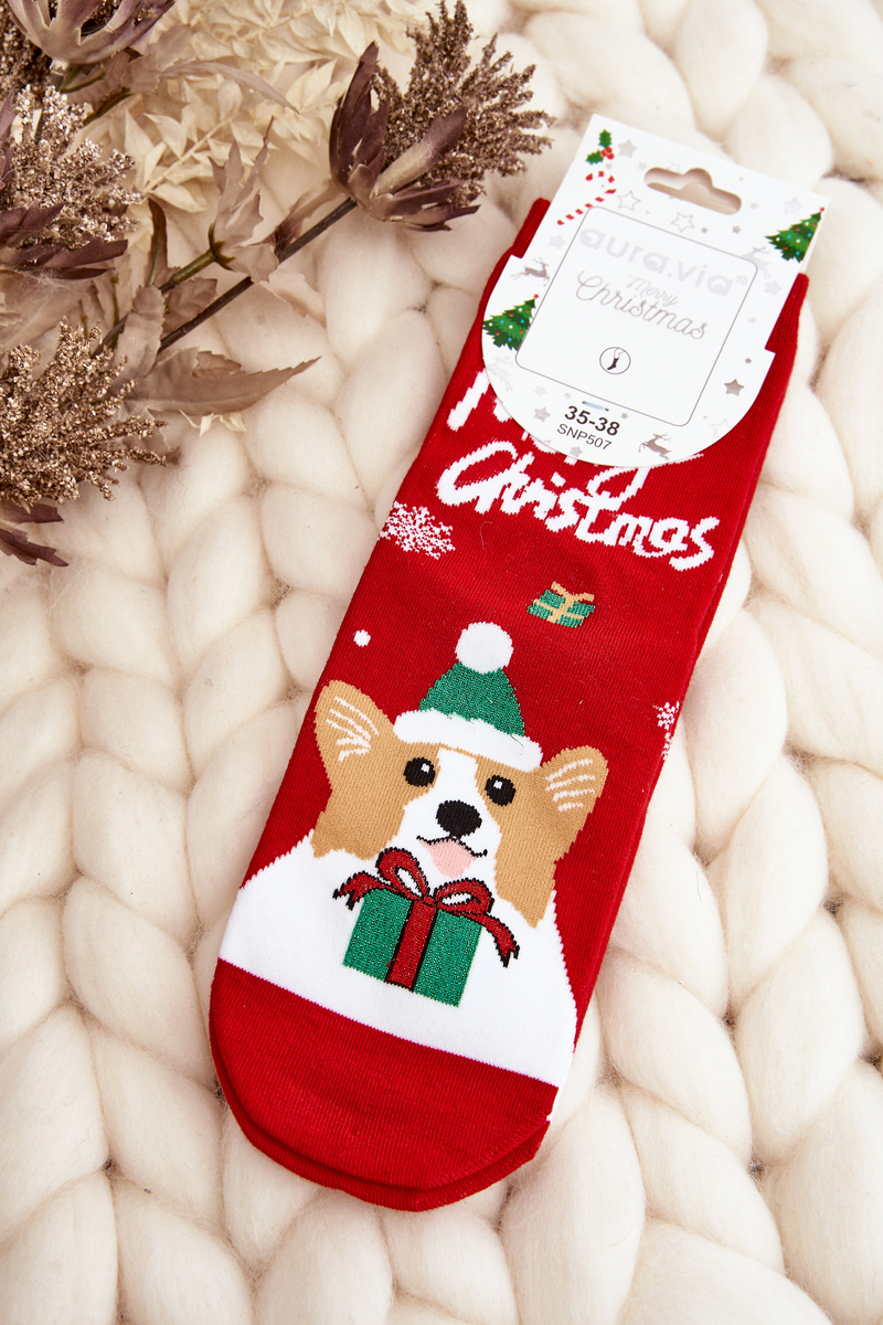 Women's Christmas socks with a dog, red