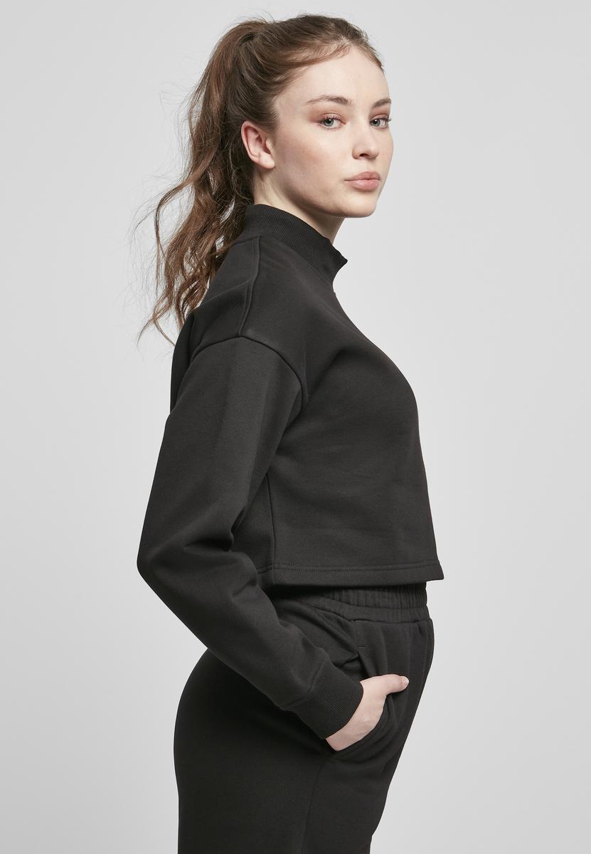 Hanorac crop negru pentru femei cu guler înalt