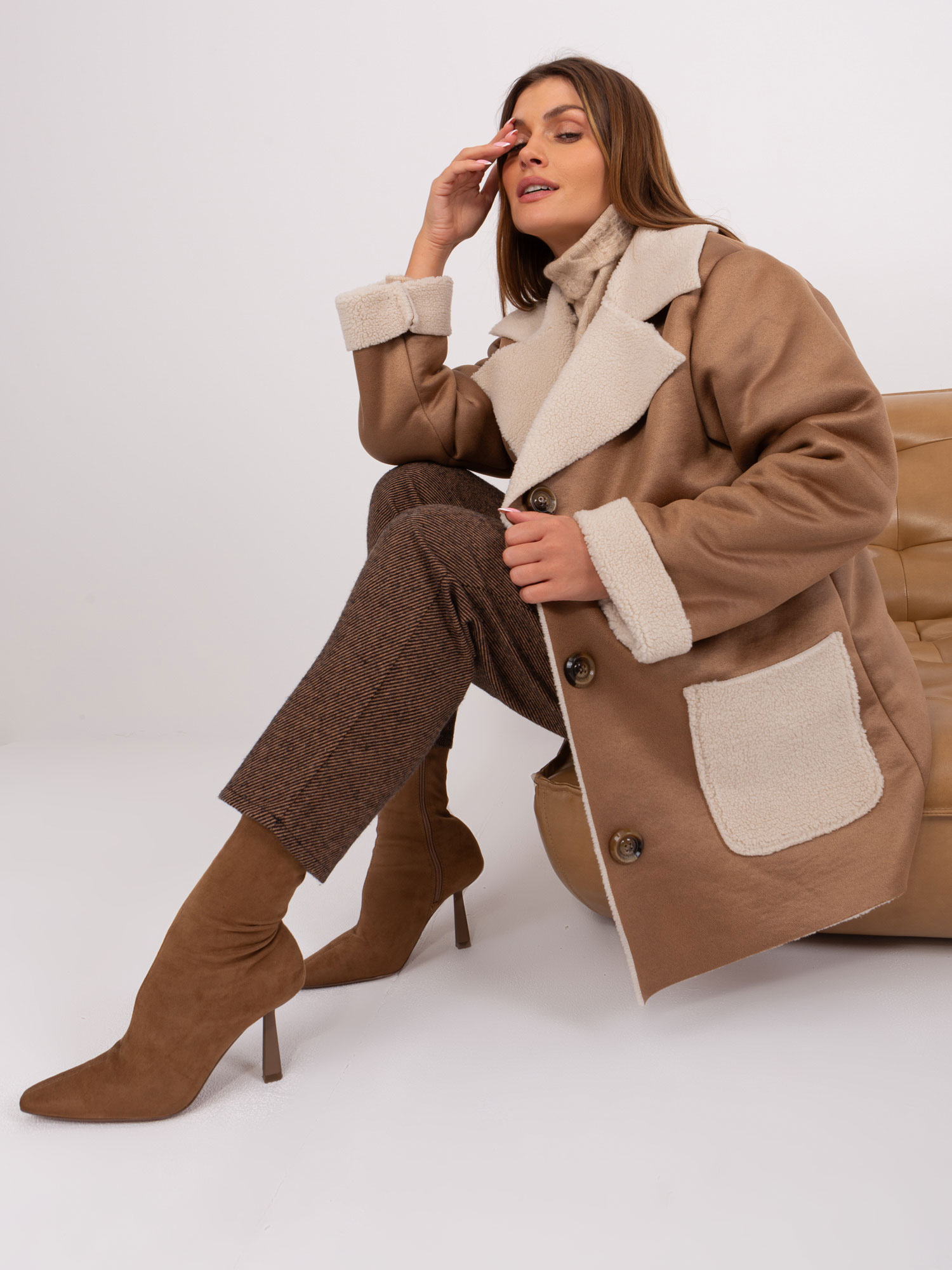 Camel And Beige Sheepskin Coat With Button Closure