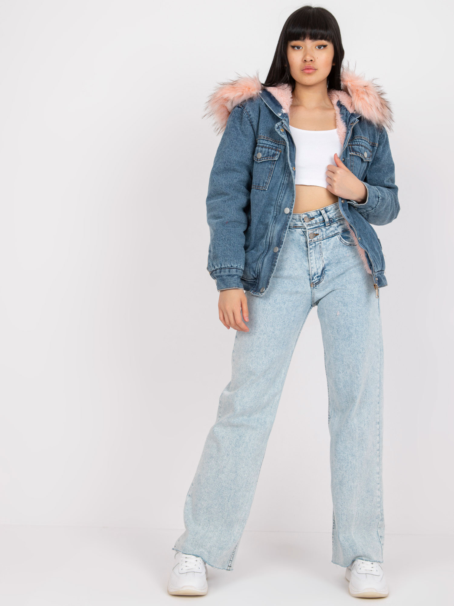 Blue and pink insulated denim jacket Alessia with hood