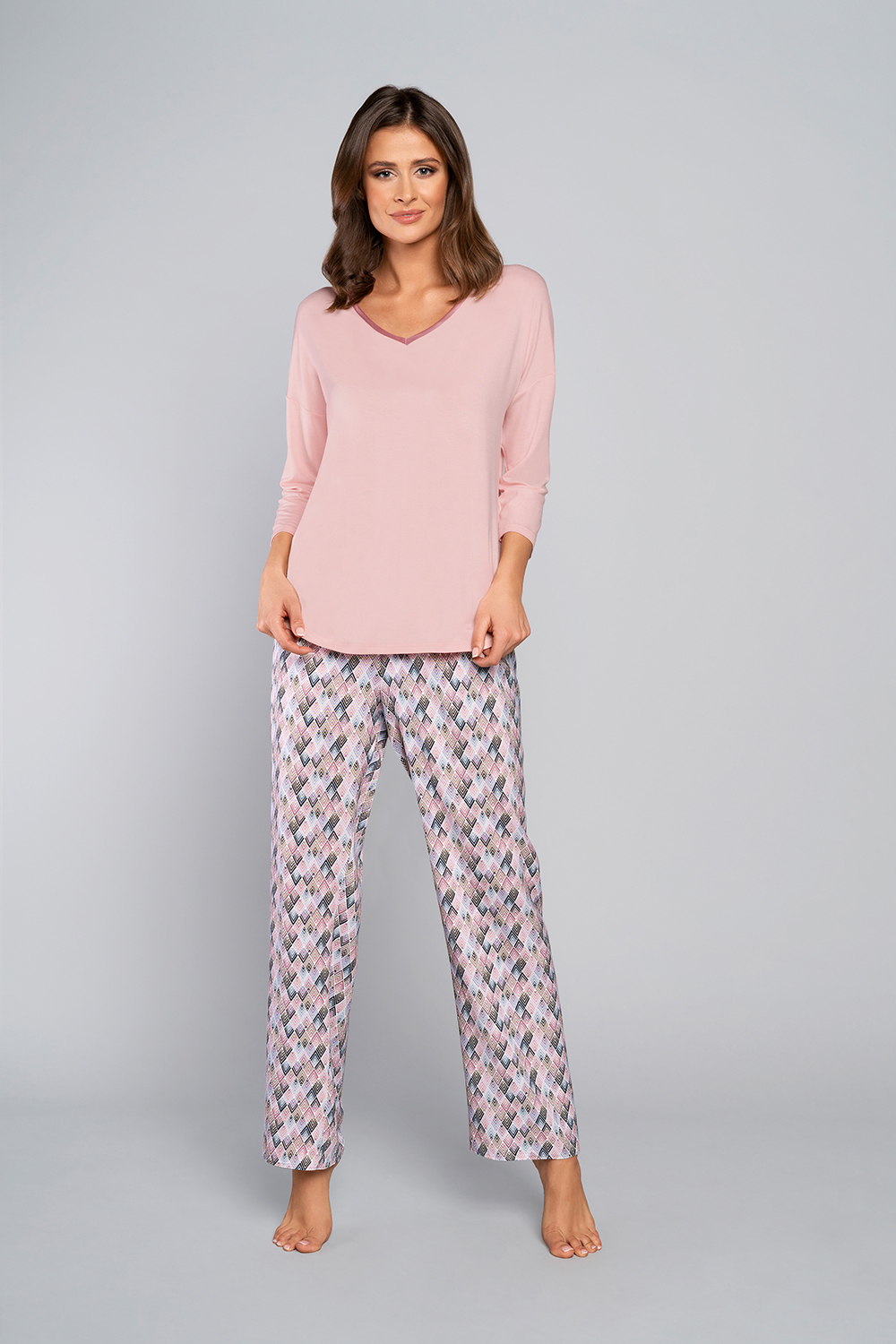 Women's Bamboo Pyjamas, 3/4 Sleeve, Long Legs - Powder Pink/print