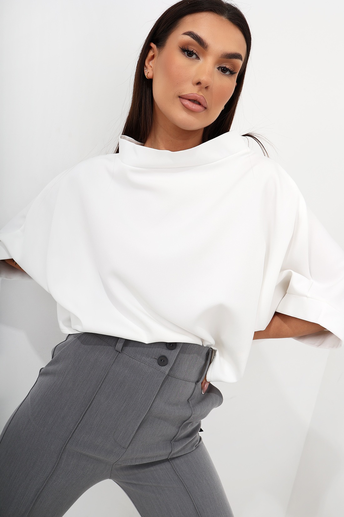 Oversized kimono blouse with stand-up collar, white