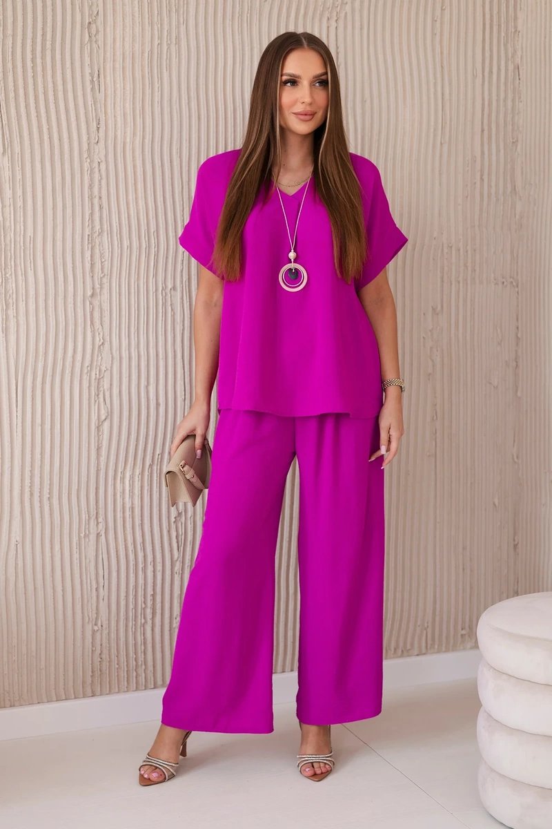 Set with necklace blouse + trousers dark purple