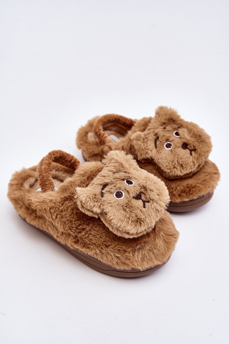 Children's Fur Slippers With Teddy Bear, Brown Dicera