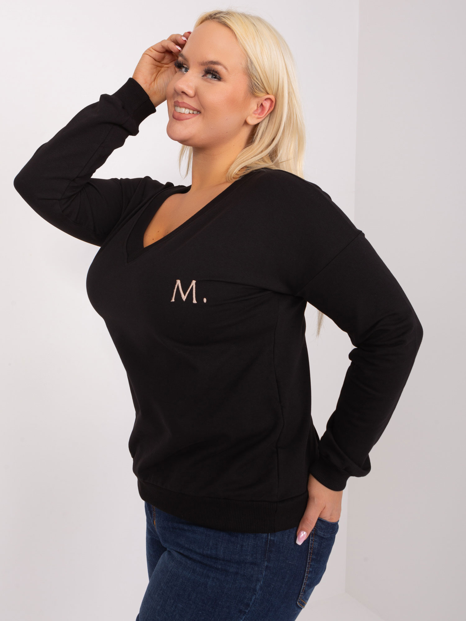 Black casual plus-size blouse with the letter M