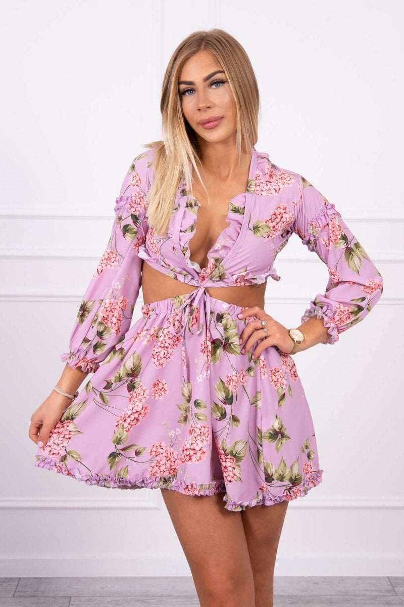 Lace-up Floral Dress Of Purple Color