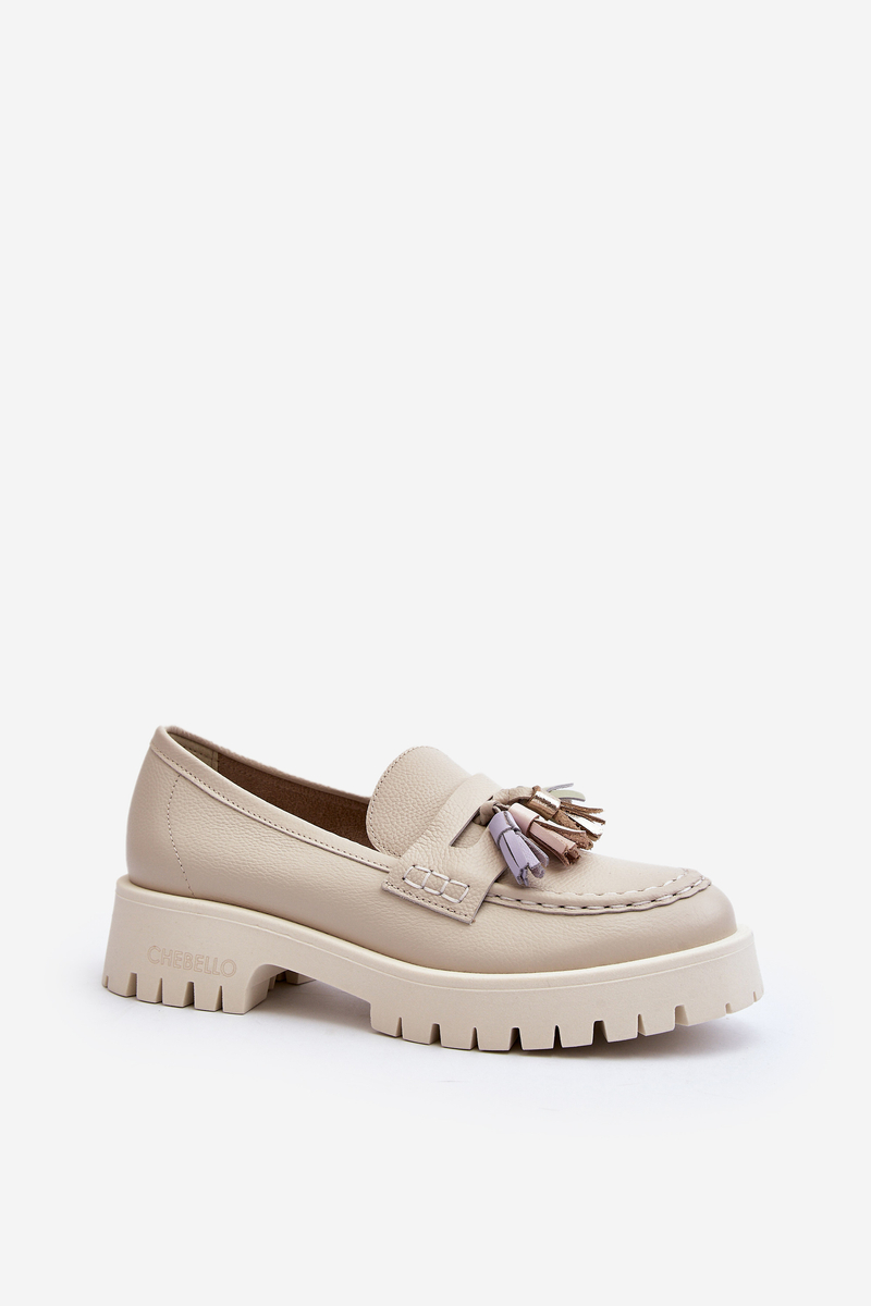 Women's leather loafers with fringes CheBello beige