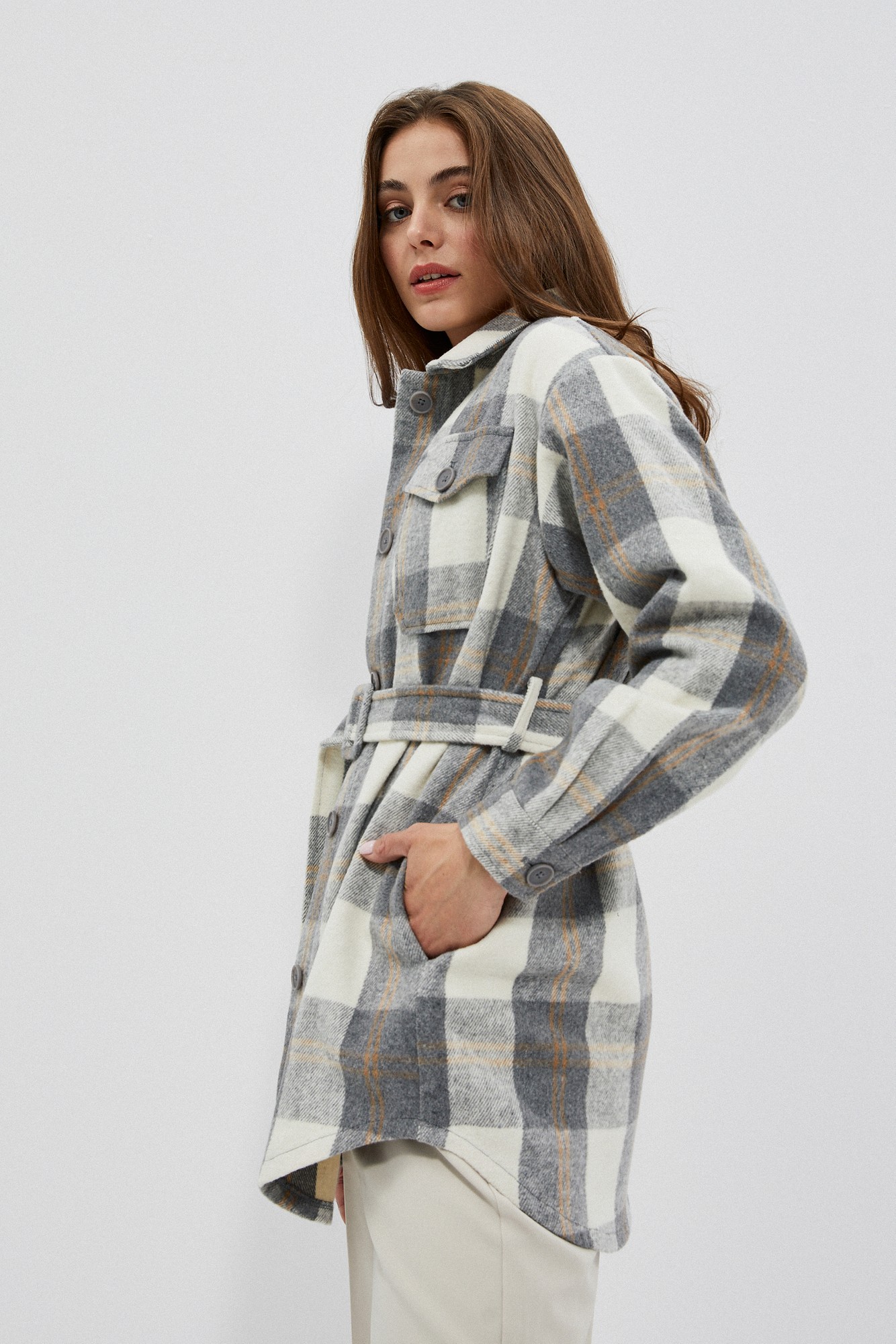 Plaid shirt jacket with belt