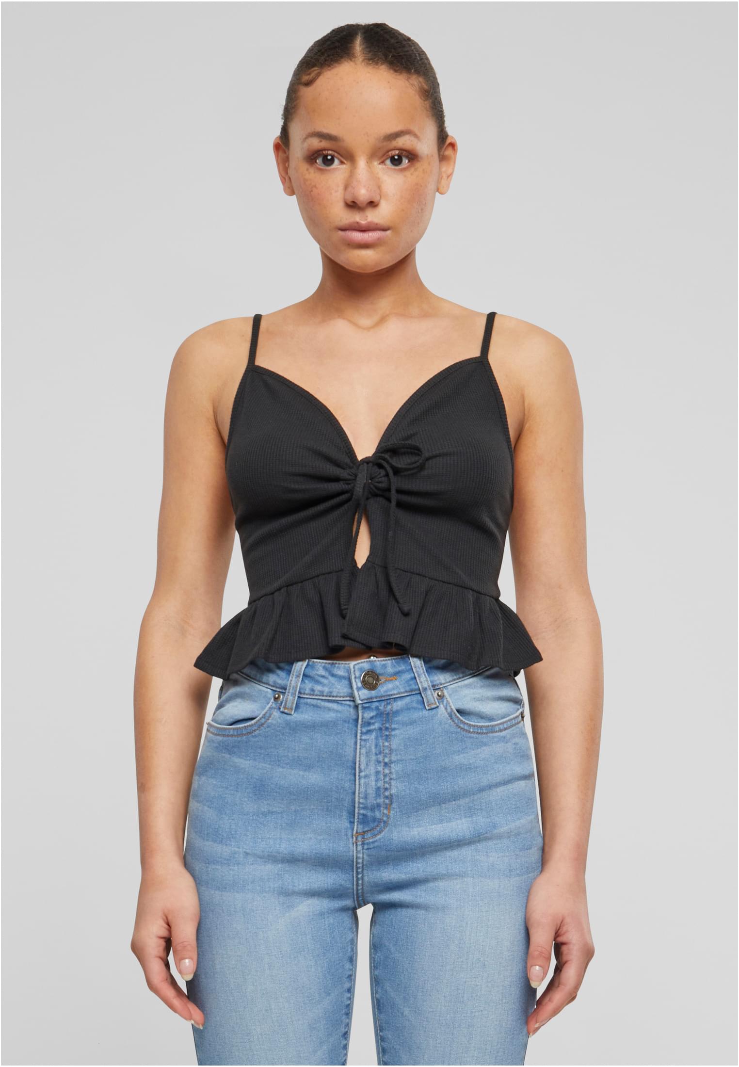 Women's Top Waffle Pique Ruffle Black