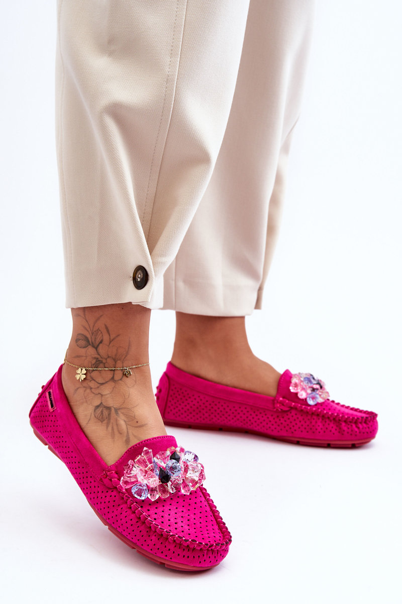 Fashionable Suede Loafers With Delima Fuchsia Ornaments