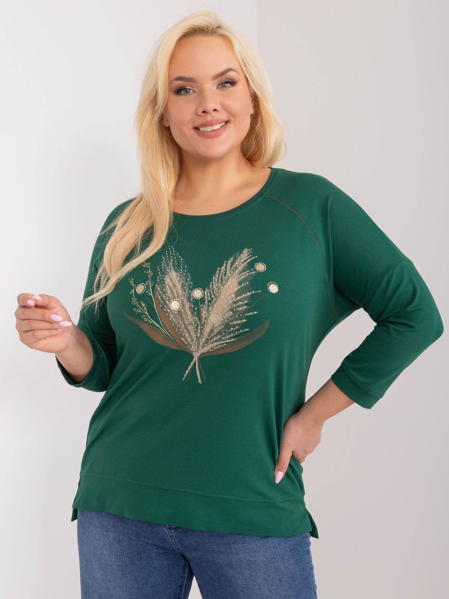 Dark green casual plus size blouse with appliqué