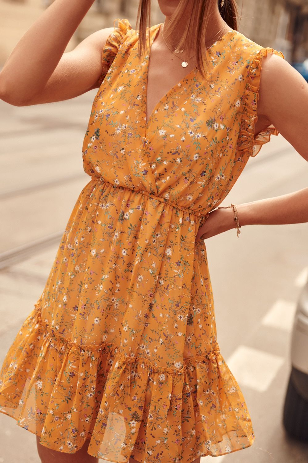 Delicate Mustard Dress With Flowers
