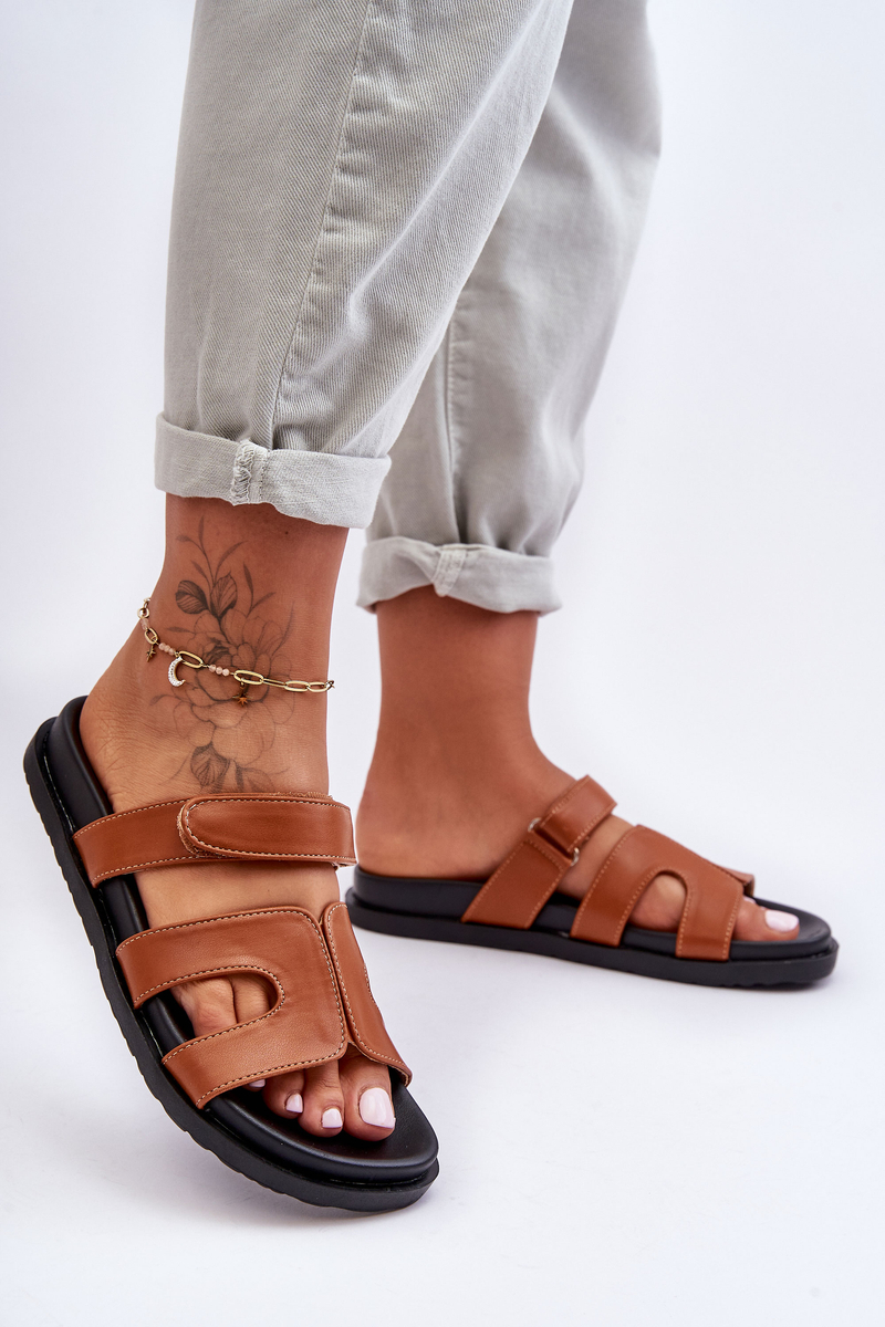 Classic Leather Flip-flops For Women With Velcro Brown Amedon