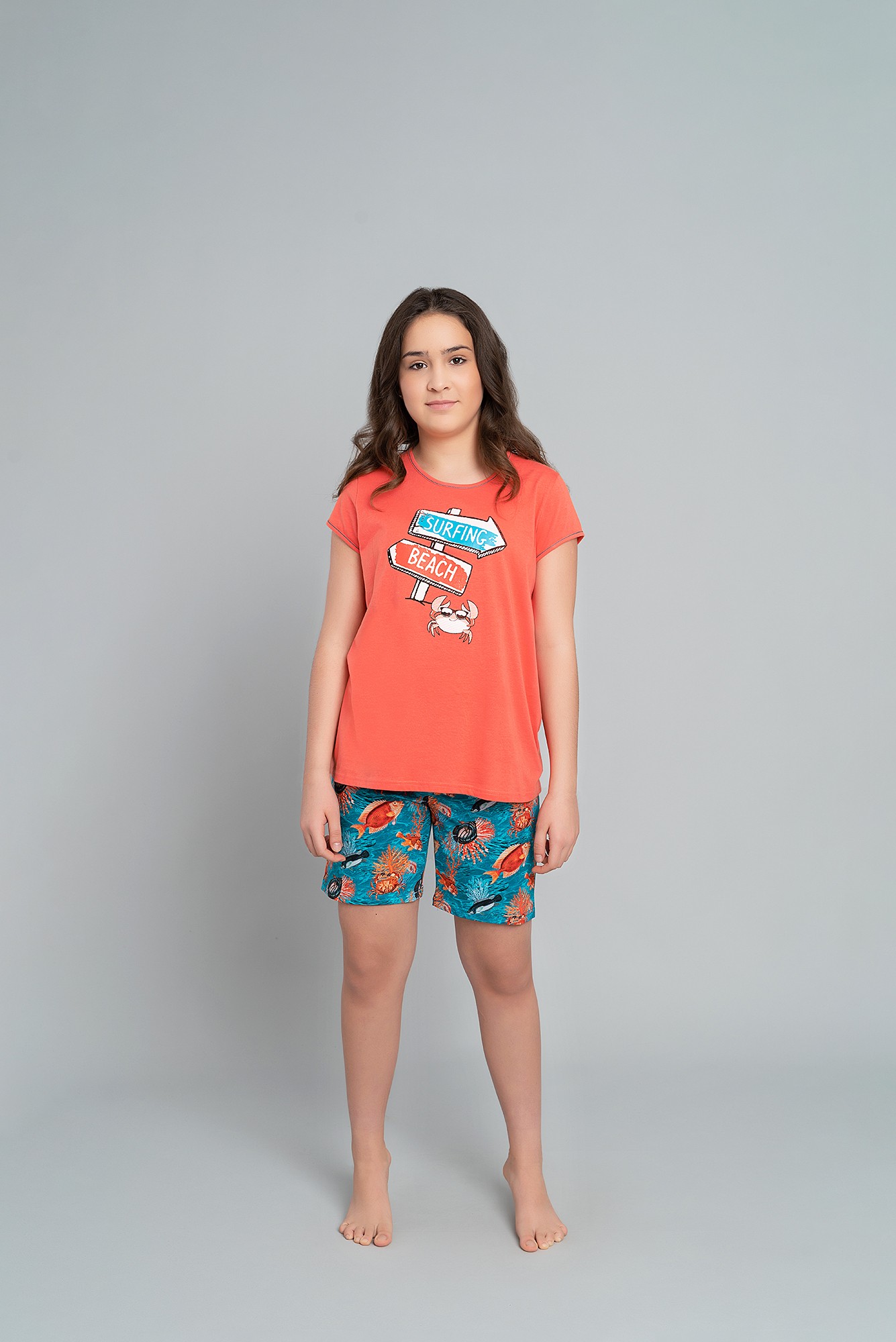 Levně Dívčí pyžamo Oceania, krátký rukáv, krátké nohavice - korál/potisk