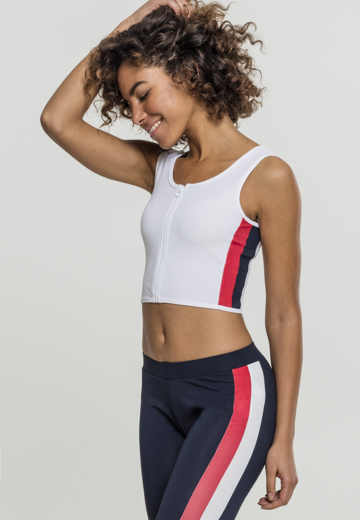 Women's Top With Side Stripe With Zipper In White/tan/navy