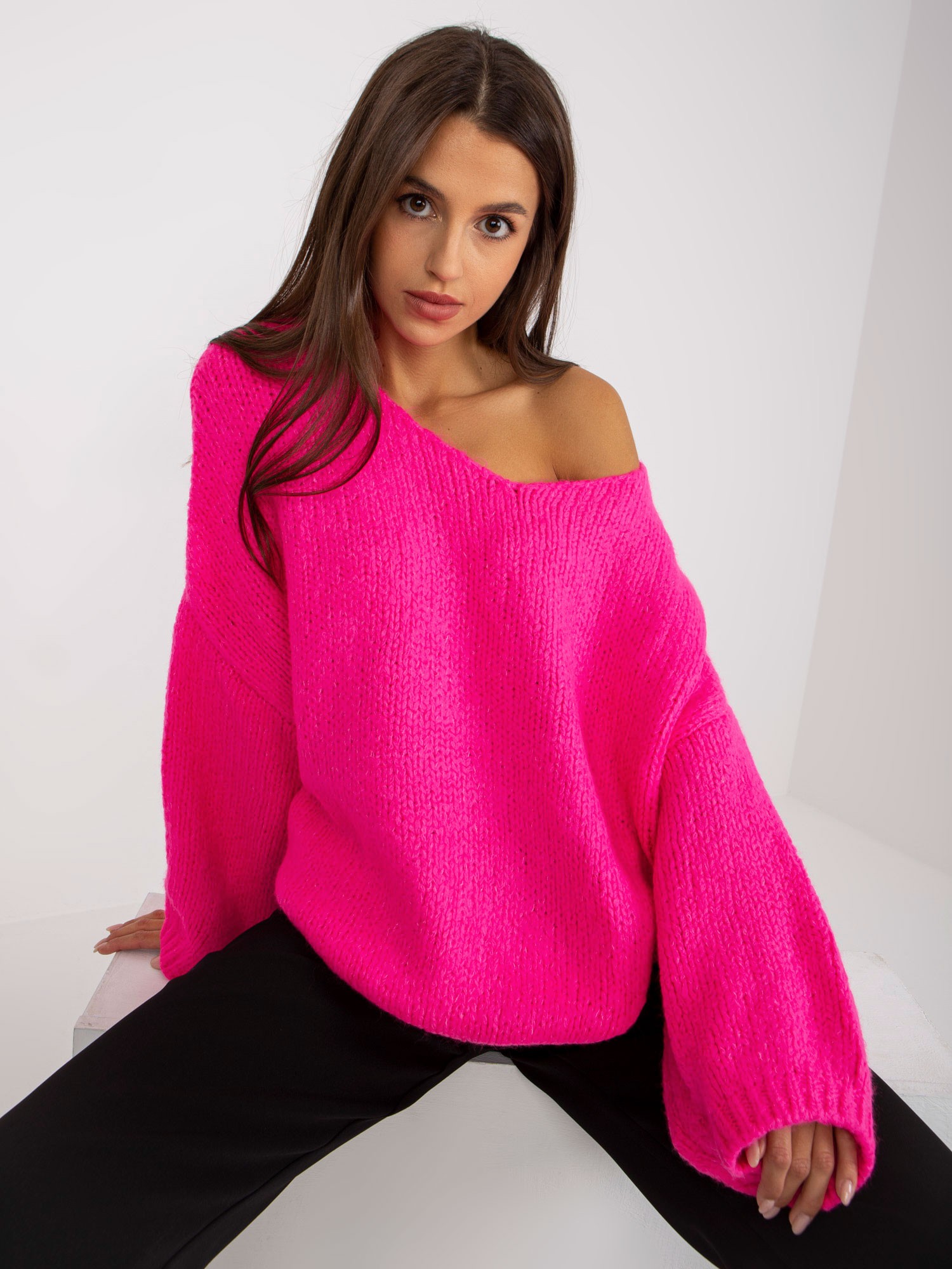 Fluo Pink Oversize Sweater With V Neckline V Rue Paris