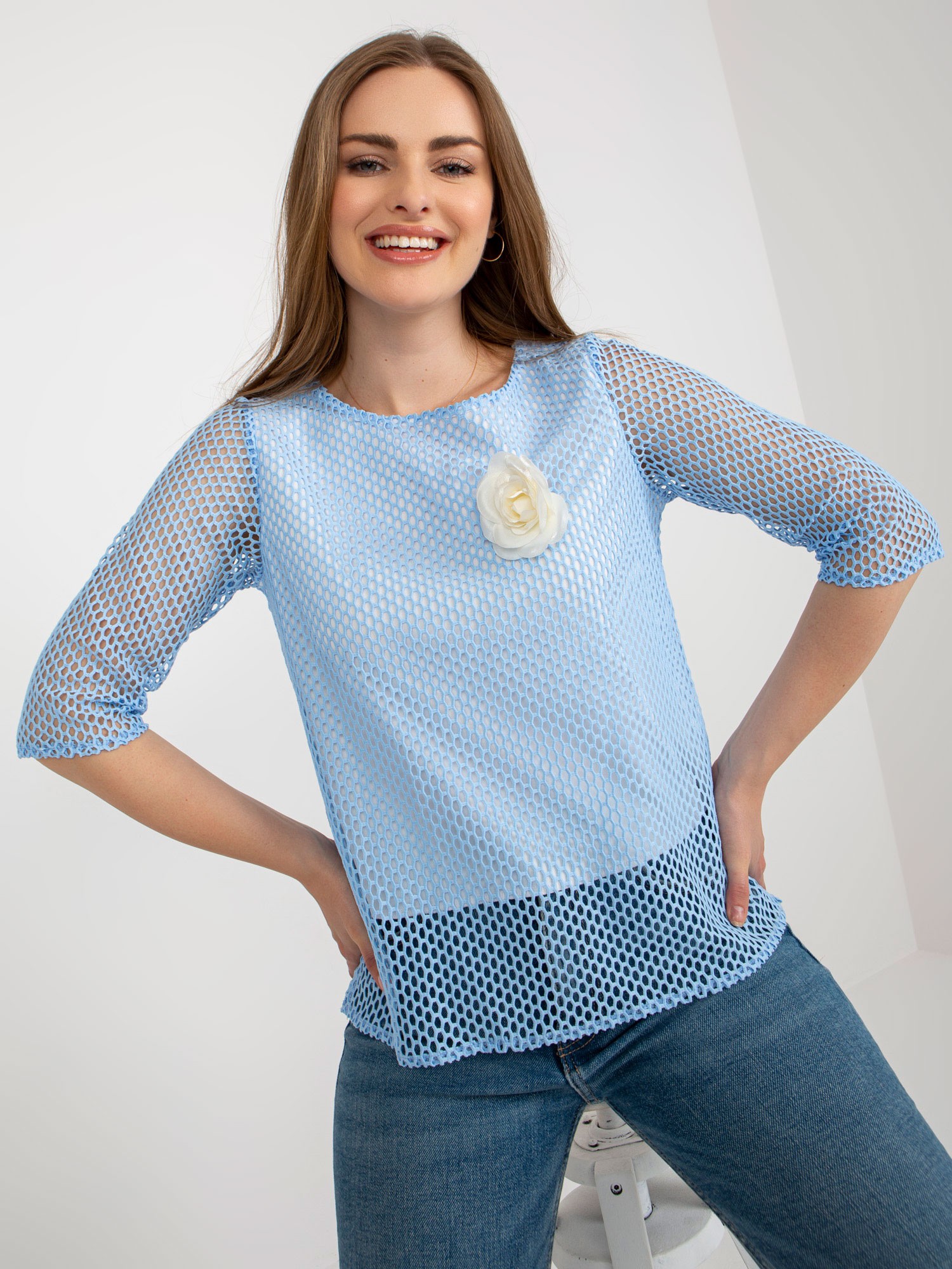 Light Blue Formal Blouse With 3/4 Sleeves