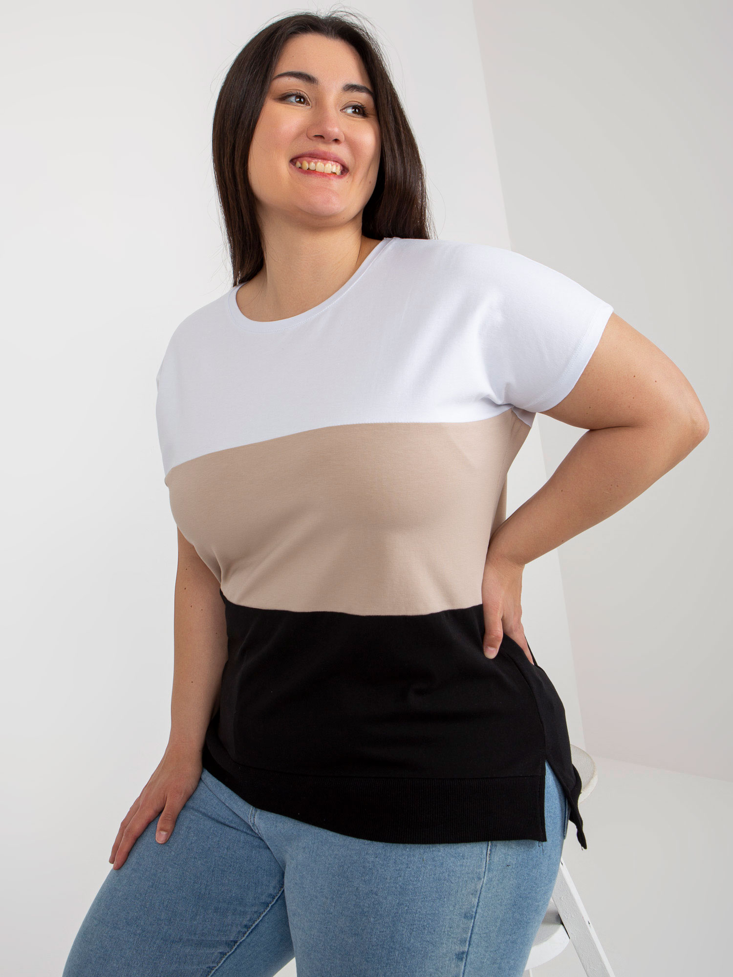 White-beige Blouse Plus Size With Short Sleeves