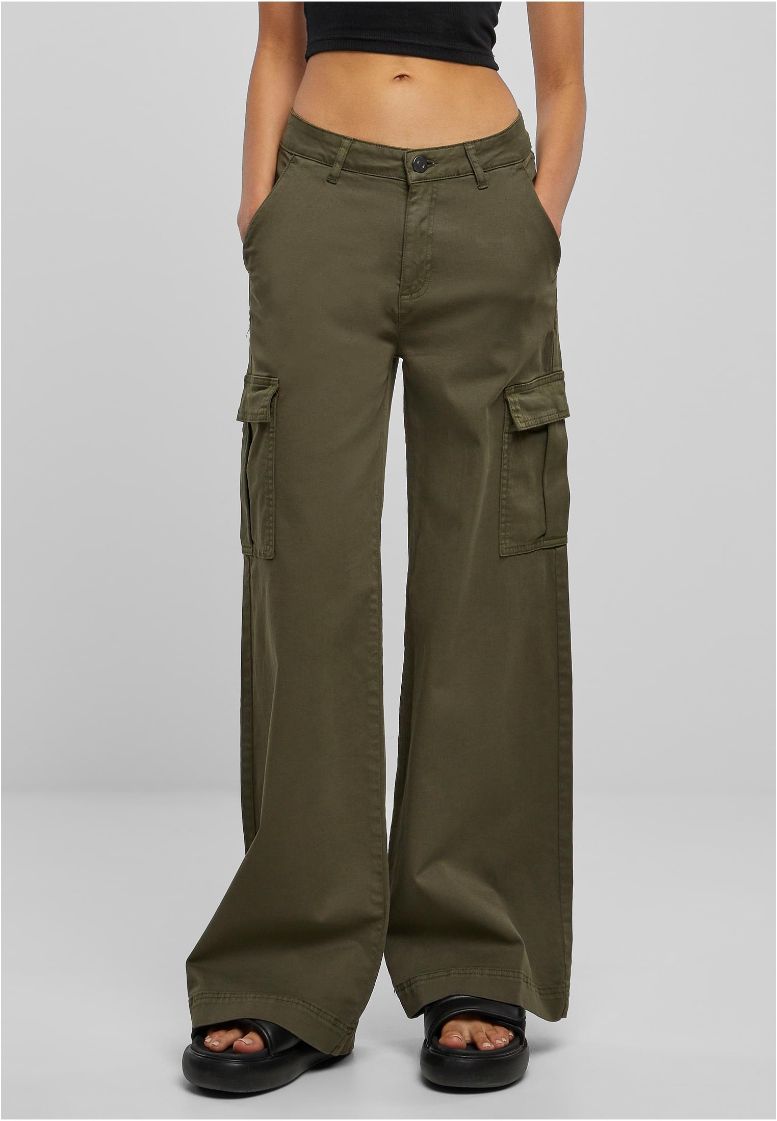 Women's High-waisted And Wide-waisted Twill Trousers Cargo Olive