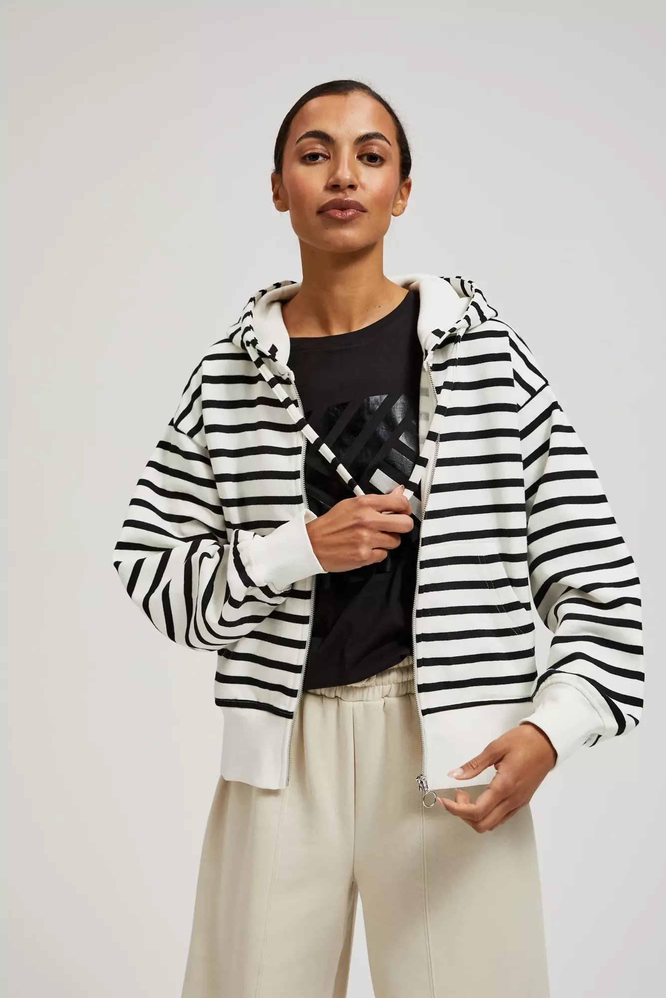 White sweatshirt with black stripes