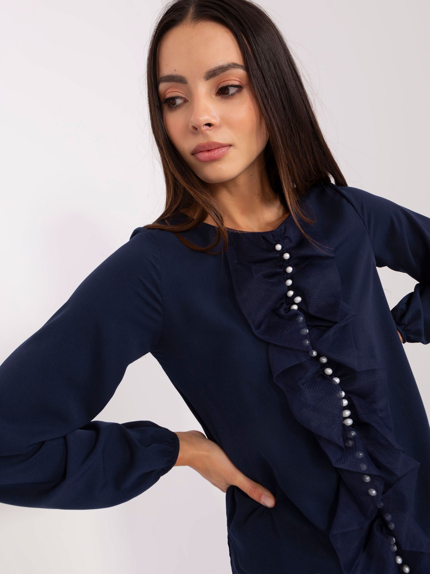 Lady's Dark Blue Formal Blouse With Pearls