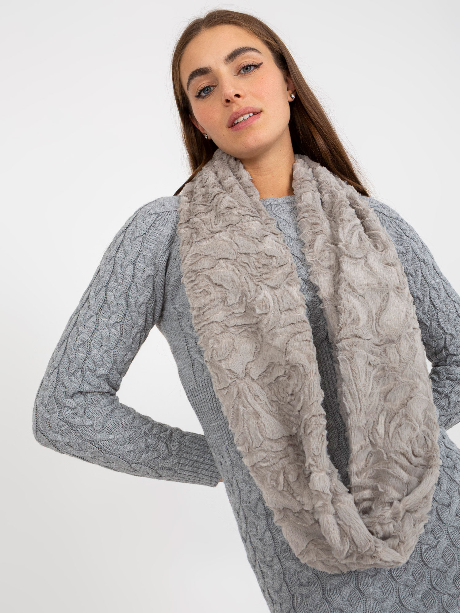 Winter gray scarf made of artificial fur