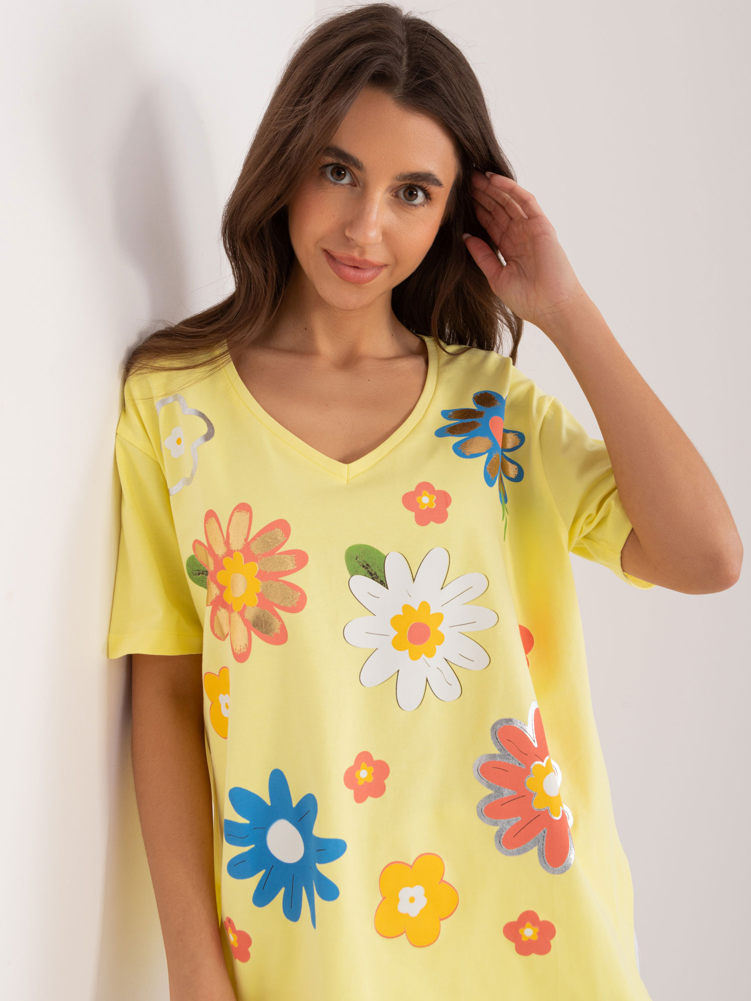 Light yellow cotton blouse with floral print