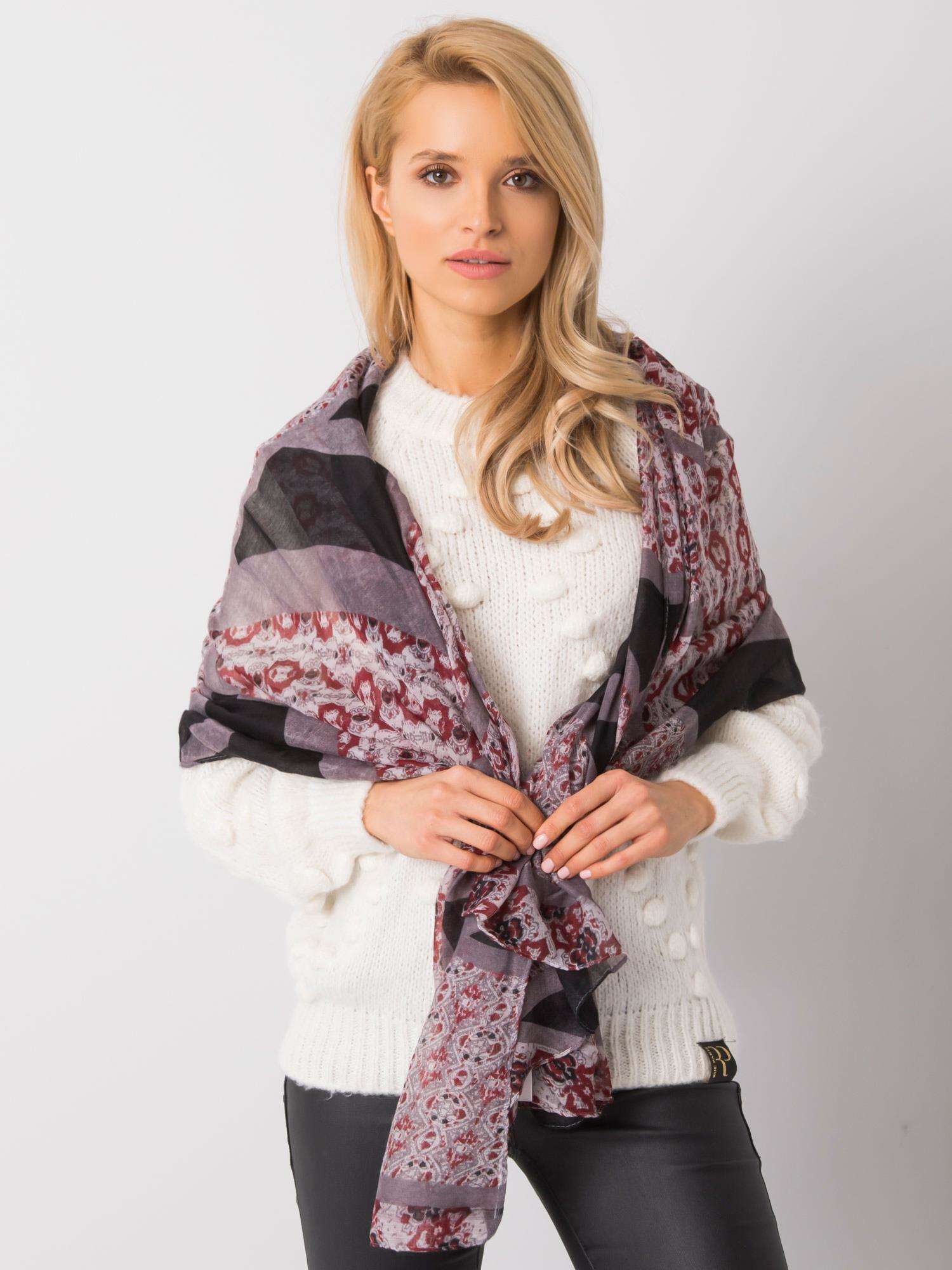Grey and burgundy patterned shawl