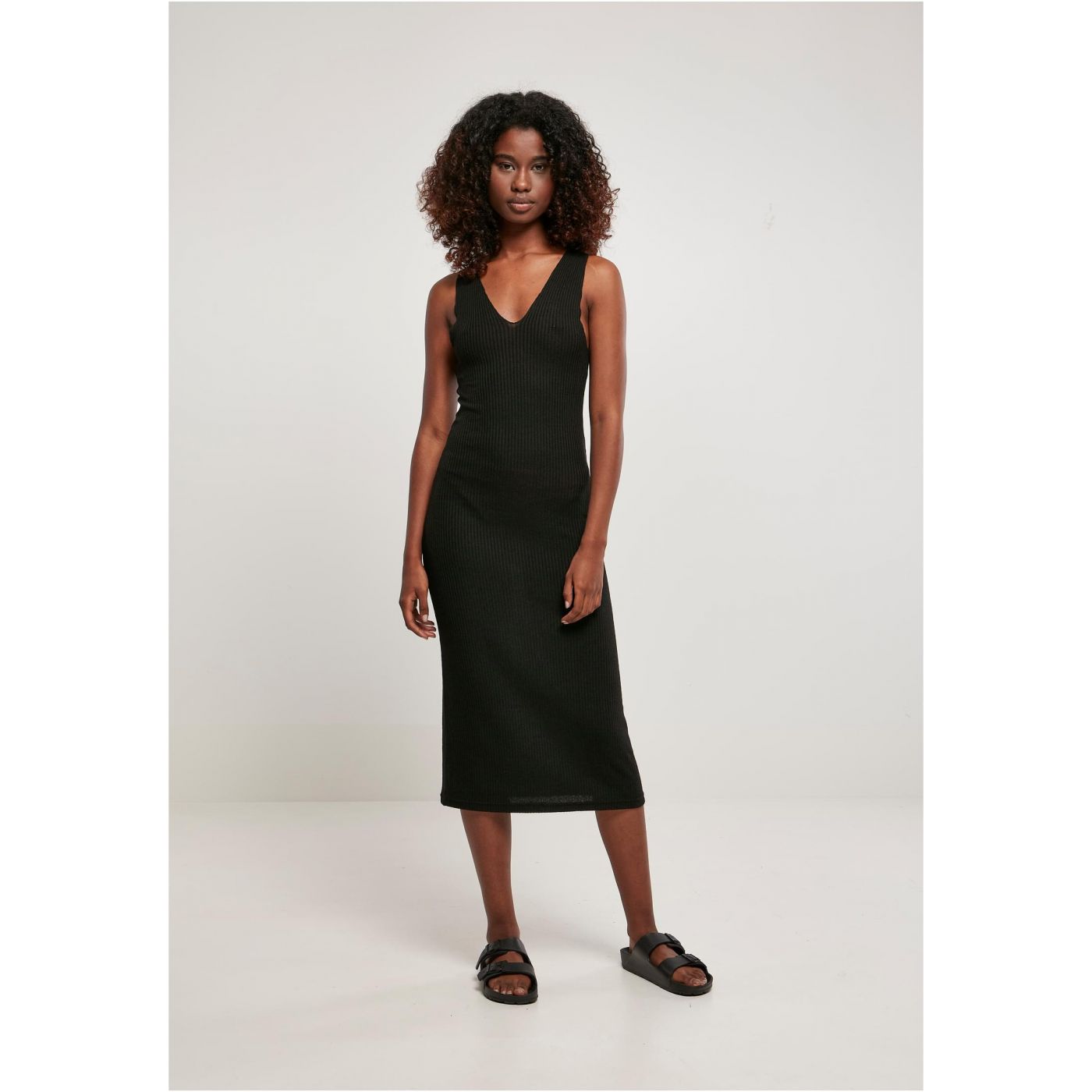 Women's Sleeveless Midi Dress With Ribbing Black