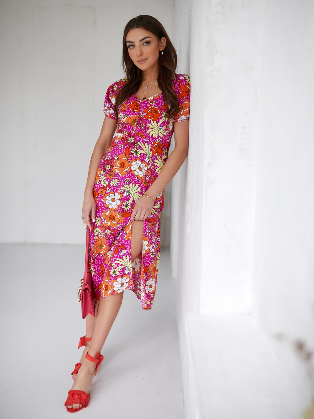 Airy summer dress with pink floral print