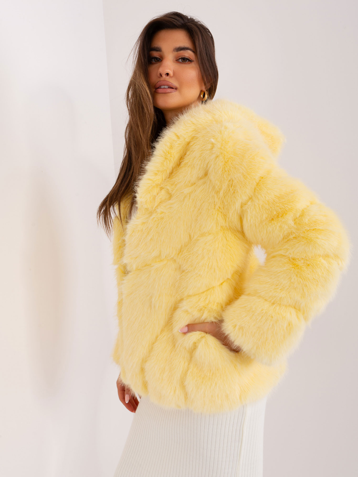 Light Yellow Fur Jacket With Hook And Eye Closure