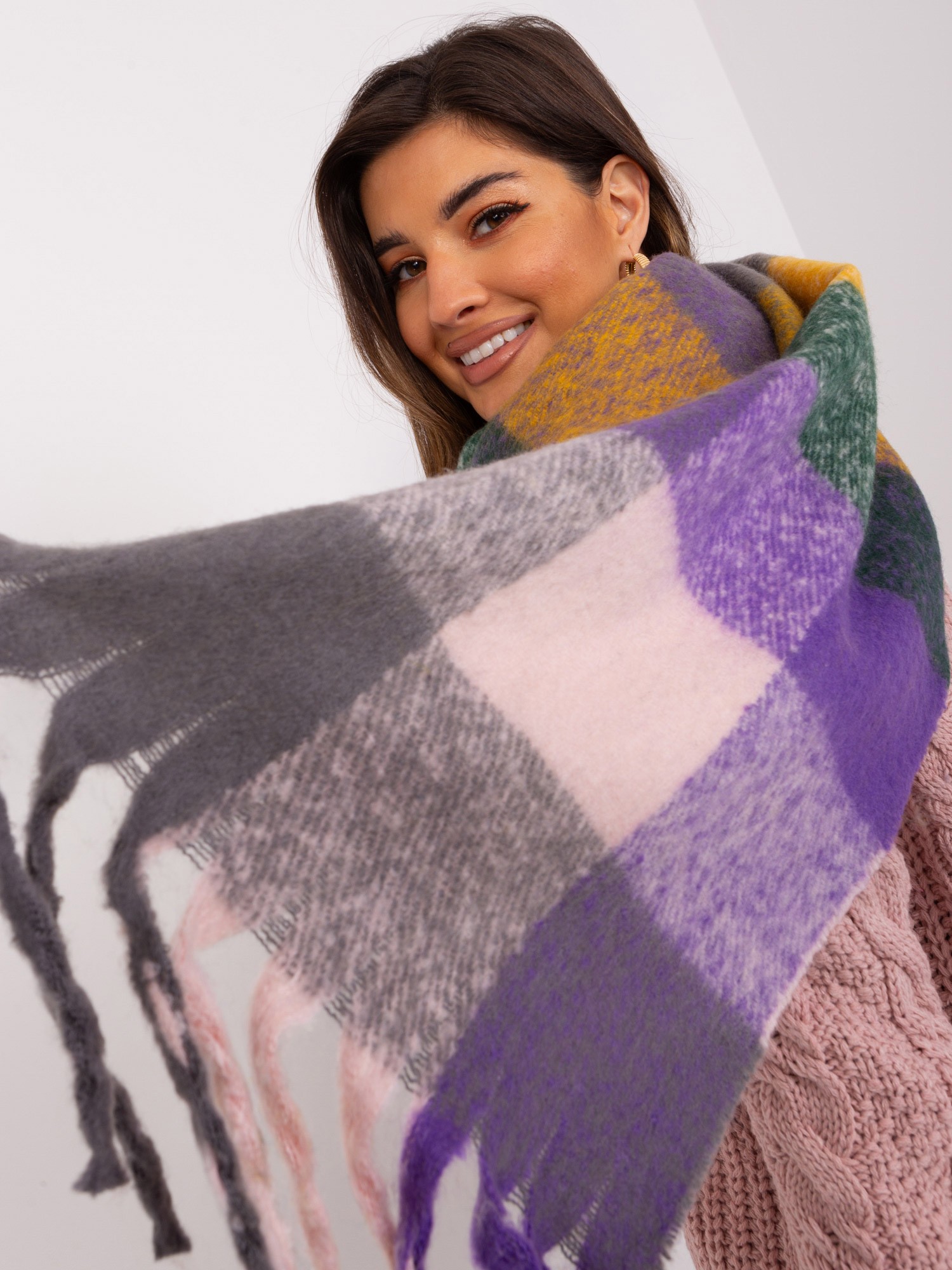 Purple And Gray Long Plaid Winter Scarf